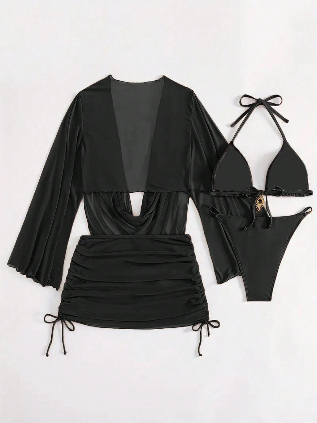 4pcs Sexy Solid Color Bikini Set With Sheer Cover-Up, Suitable For Vacation, Bea