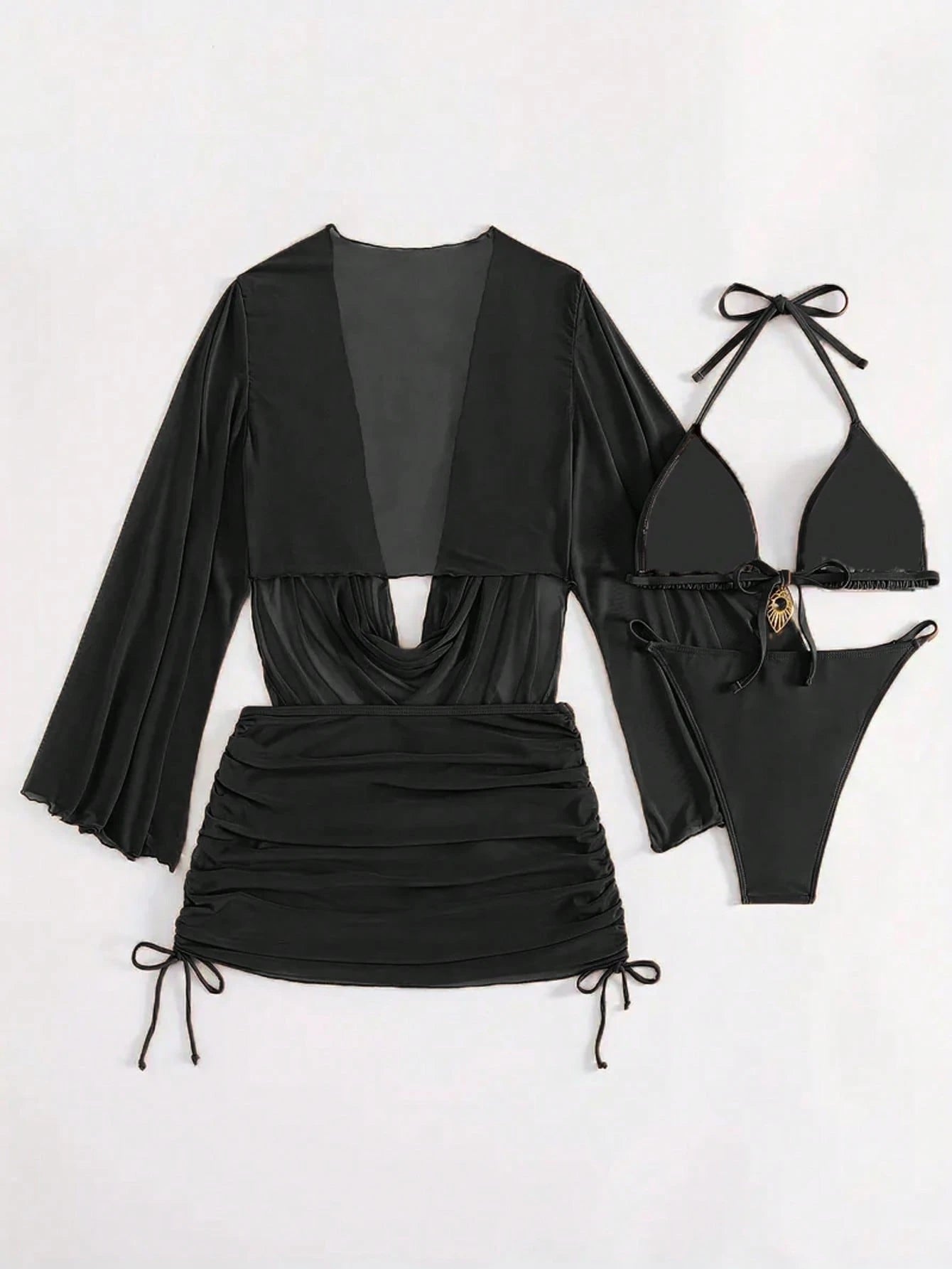 4pcs Sexy Solid Color Bikini Set With Sheer Cover-Up, Suitable For Vacation, Bea