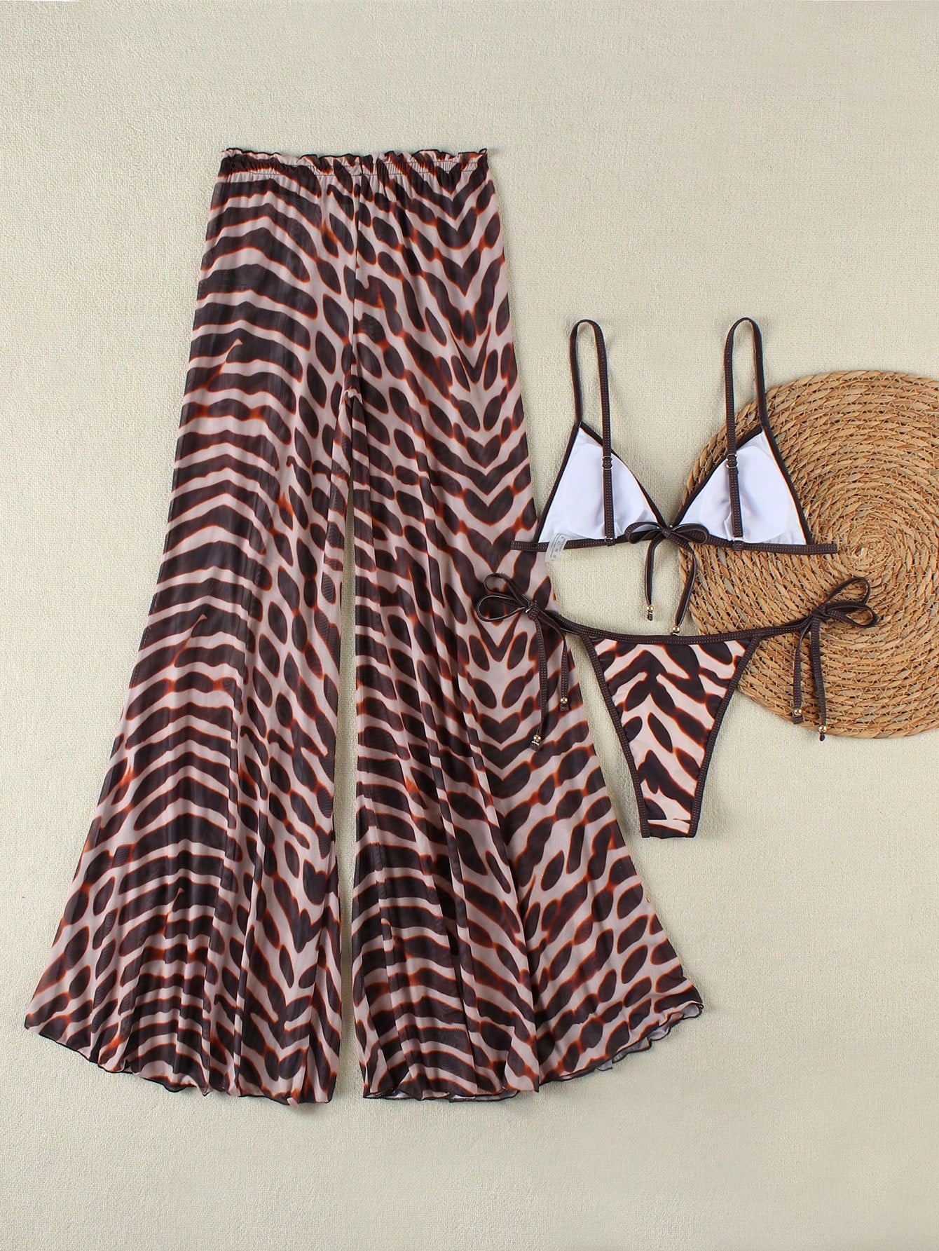 Women's New Sexy Zebra Print Bikini Set With Coverup And Flare Pants,