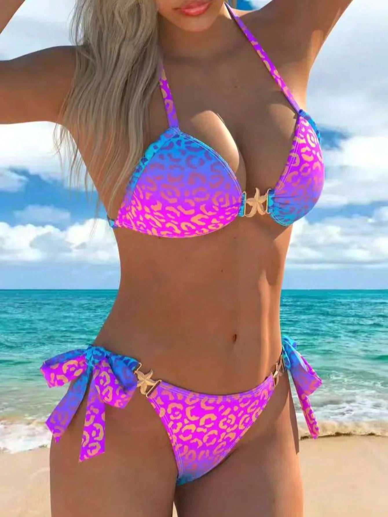 Women's Fashion 2-Piece Bikini Set, Star Decor And Leopard Print High