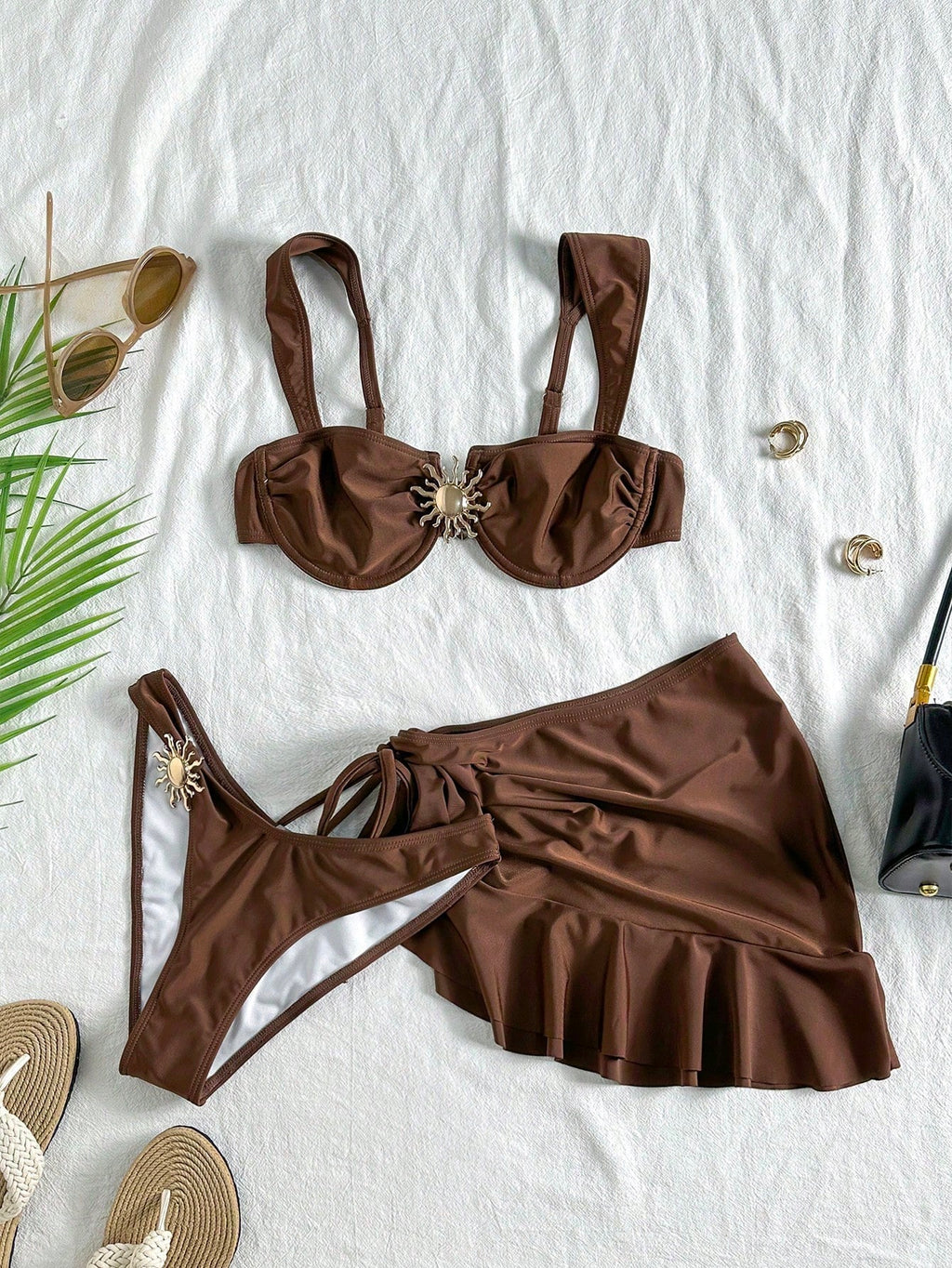3 Pieces Solid Color Tankini Swimwear Set, Wide Strap Design With Underwire For