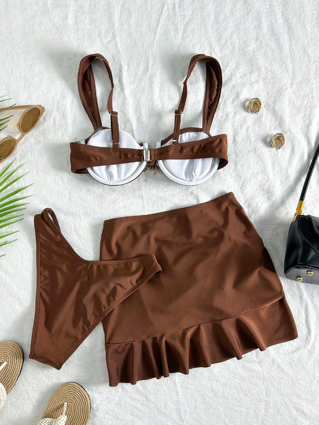 3 Pieces Solid Color Tankini Swimwear Set, Wide Strap Design With Underwire For