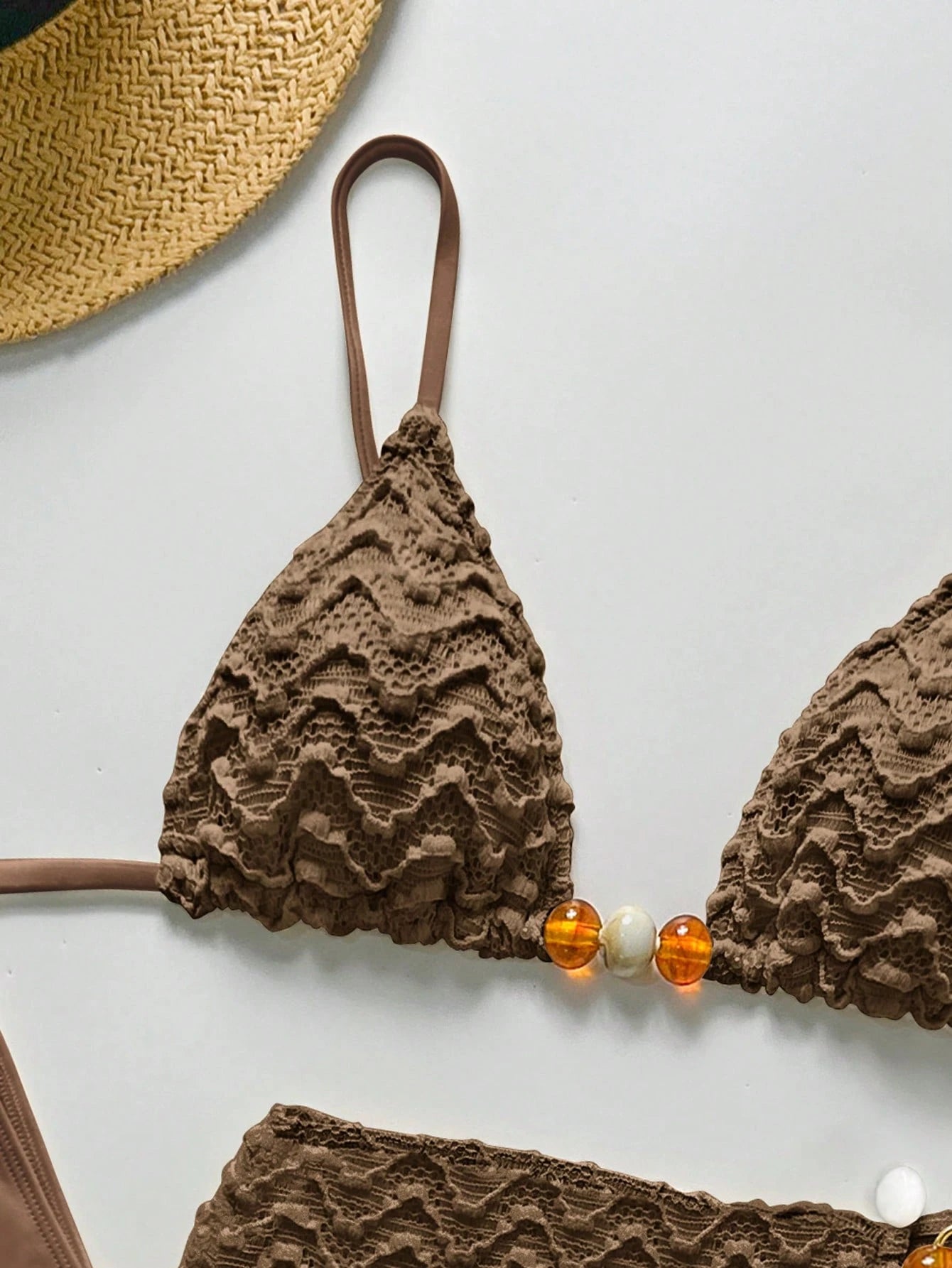Bikinx 3pcs Women's Summer Wavy Backless Bikini Set, Including Beaded