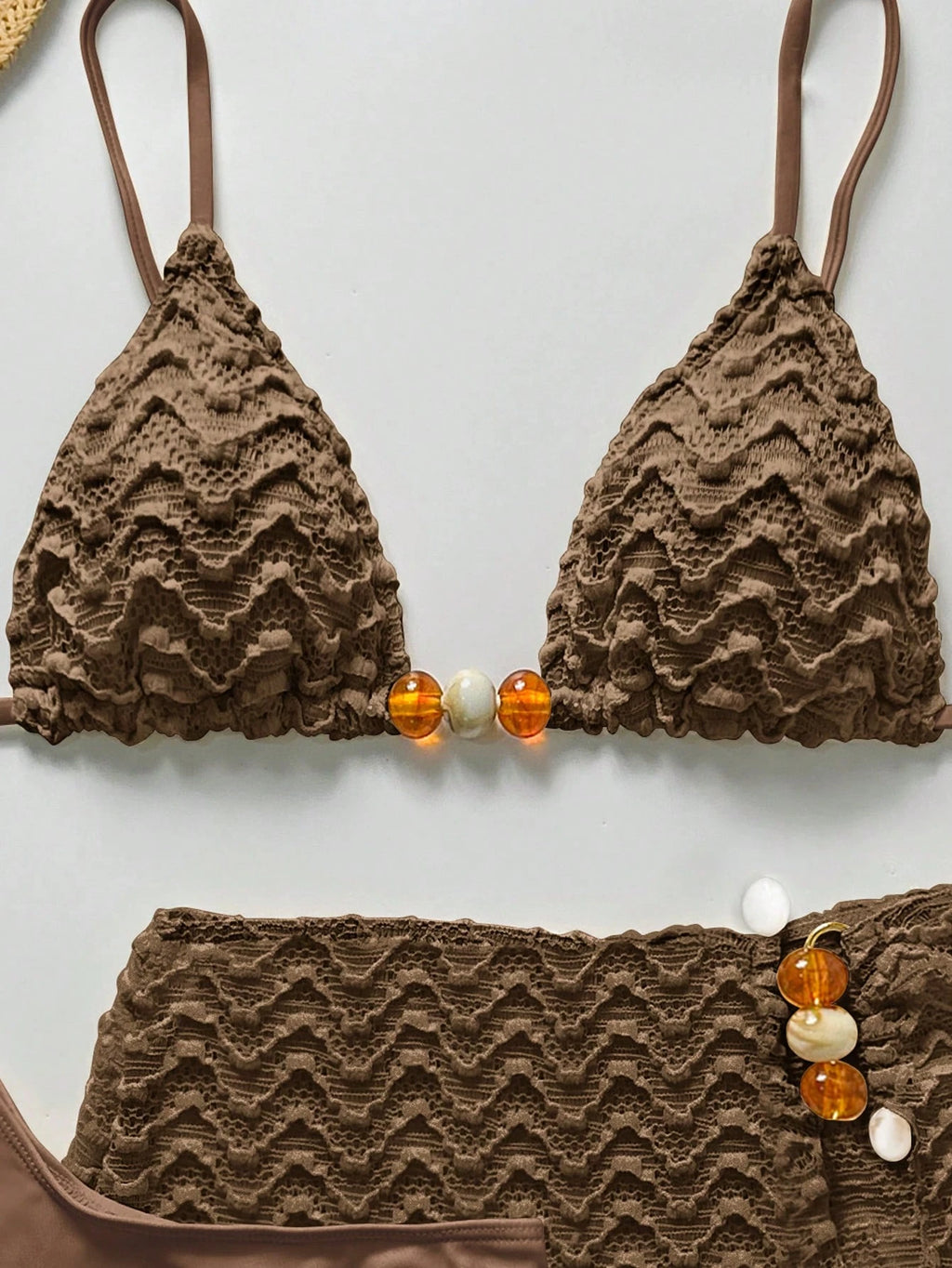 Bikinx 3pcs Women's Summer Wavy Backless Bikini Set, Including Beaded