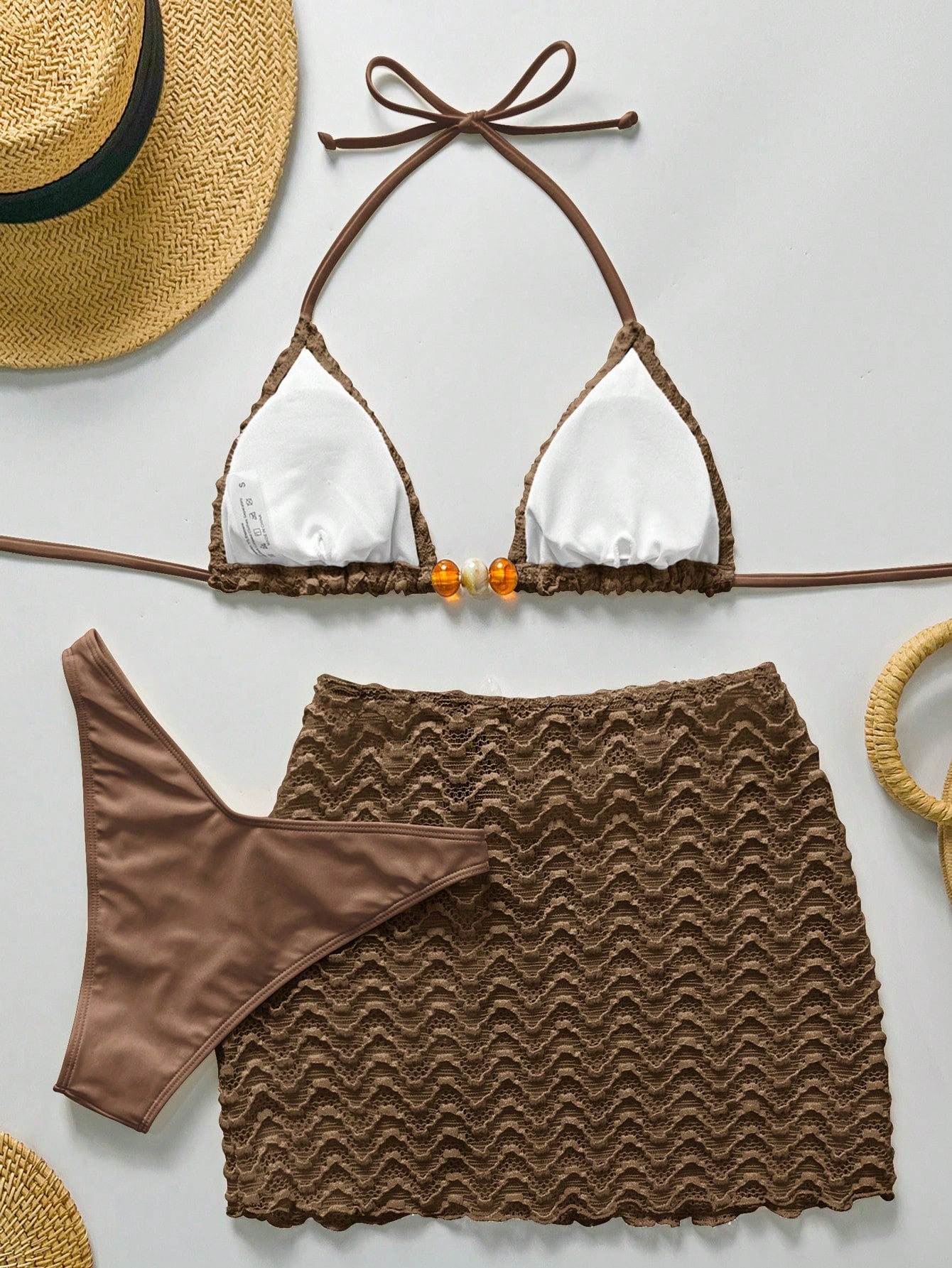 Bikinx 3pcs Women's Summer Wavy Backless Bikini Set, Including Beaded