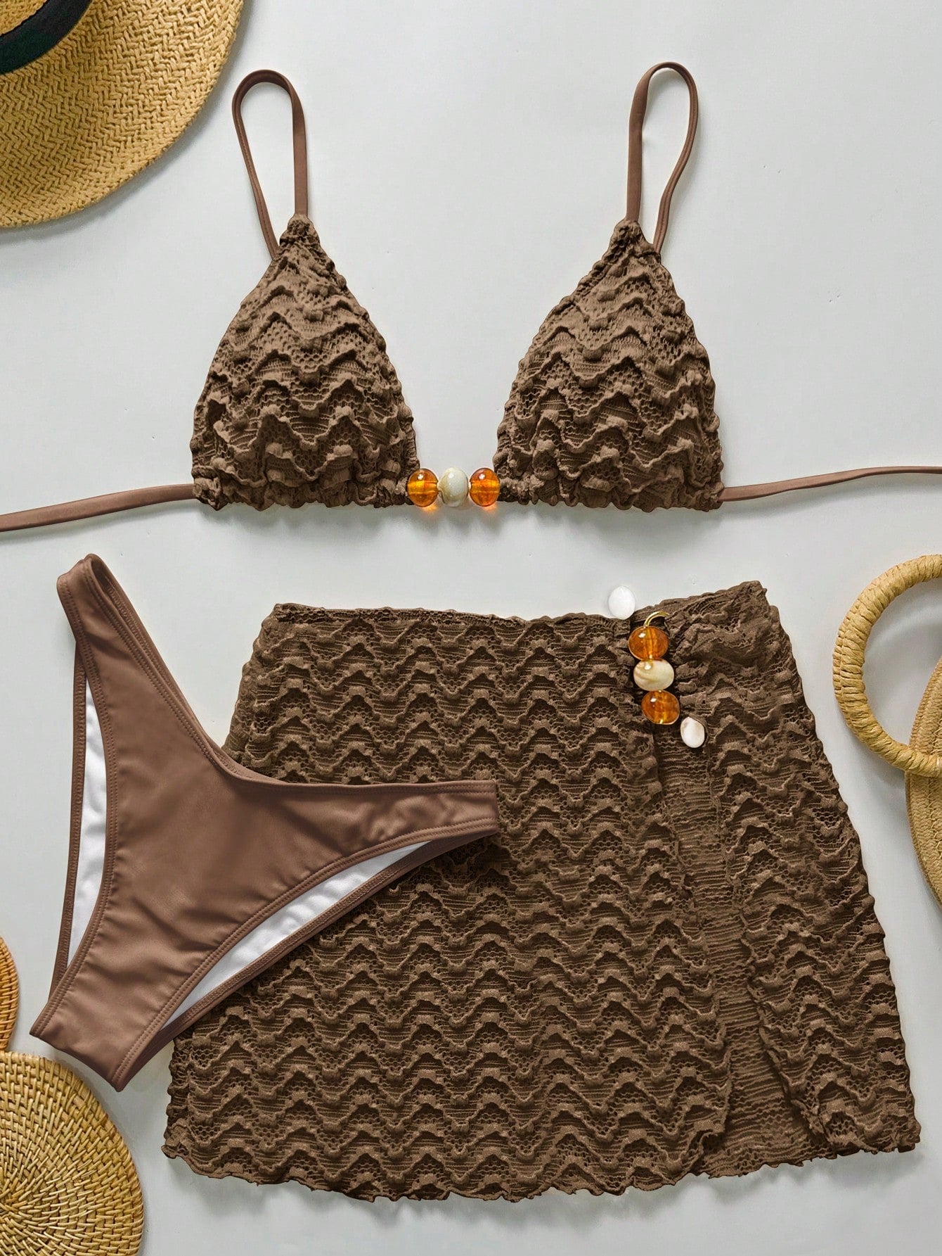 Bikinx 3pcs Women's Summer Wavy Backless Bikini Set, Including Beaded