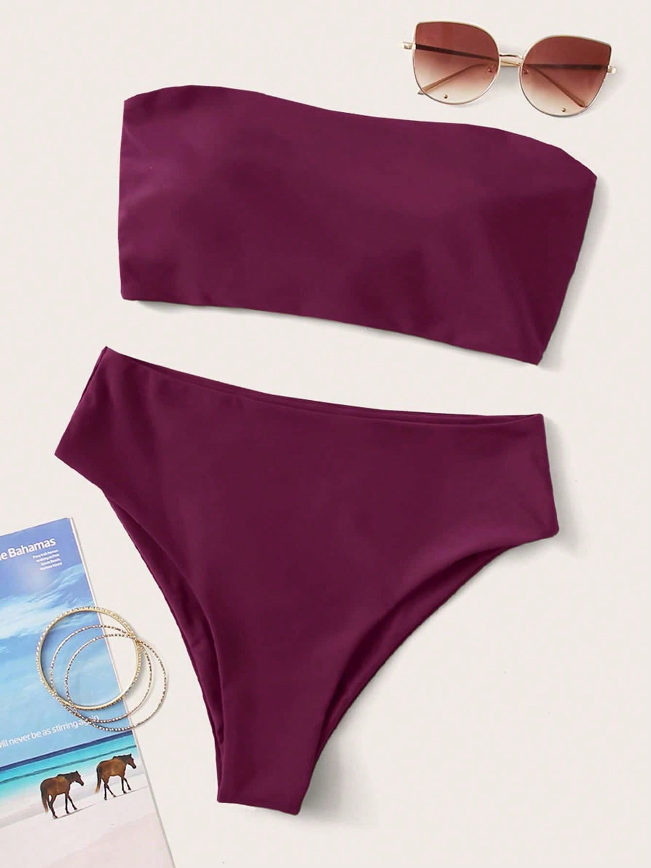 Summer Beach Vacation Solid Reversible Strapless Neon Bikini Set