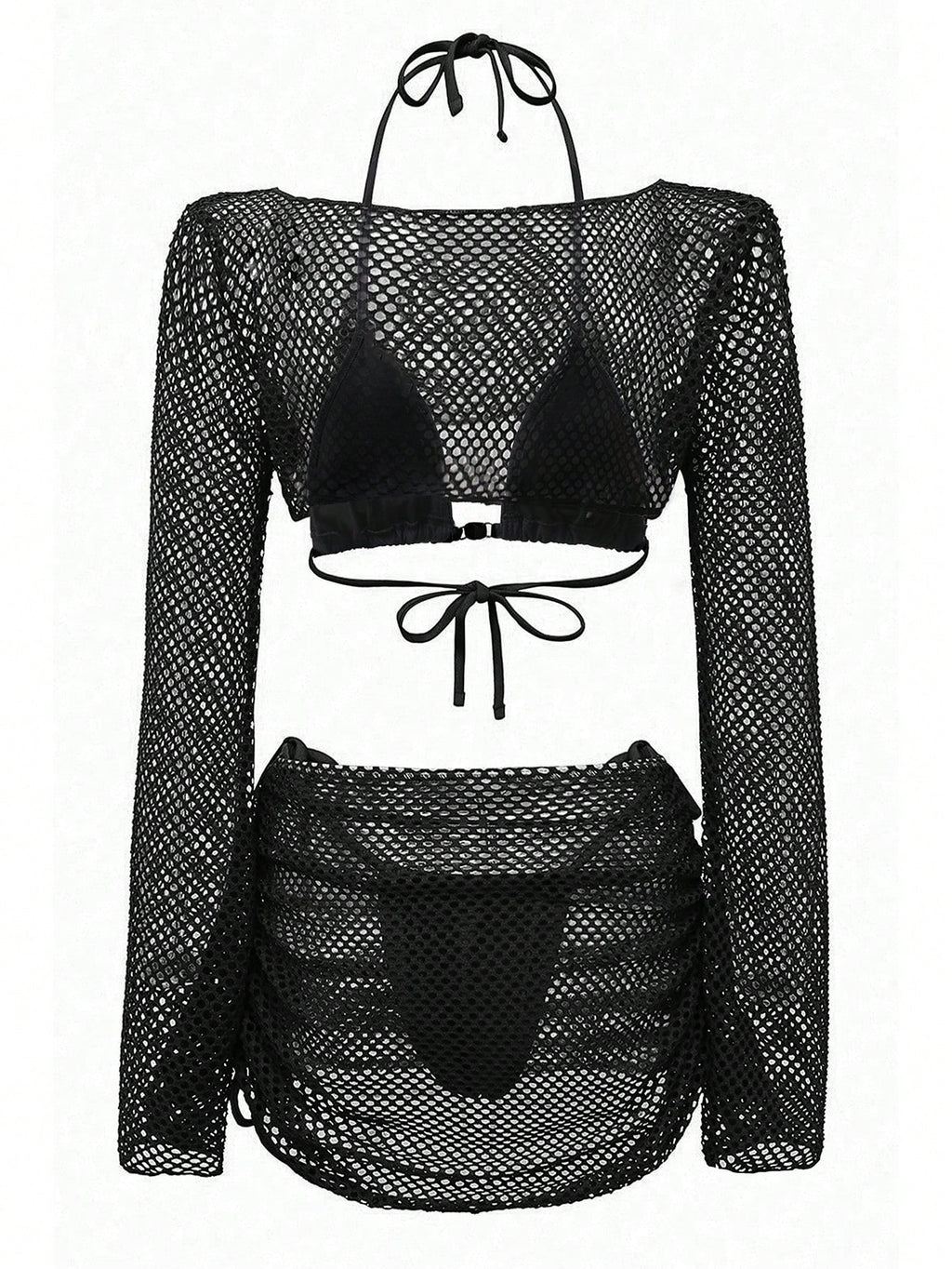Swim SXY 4pcs Women's Mesh Bikini Set With Cover Up,Elegant Black