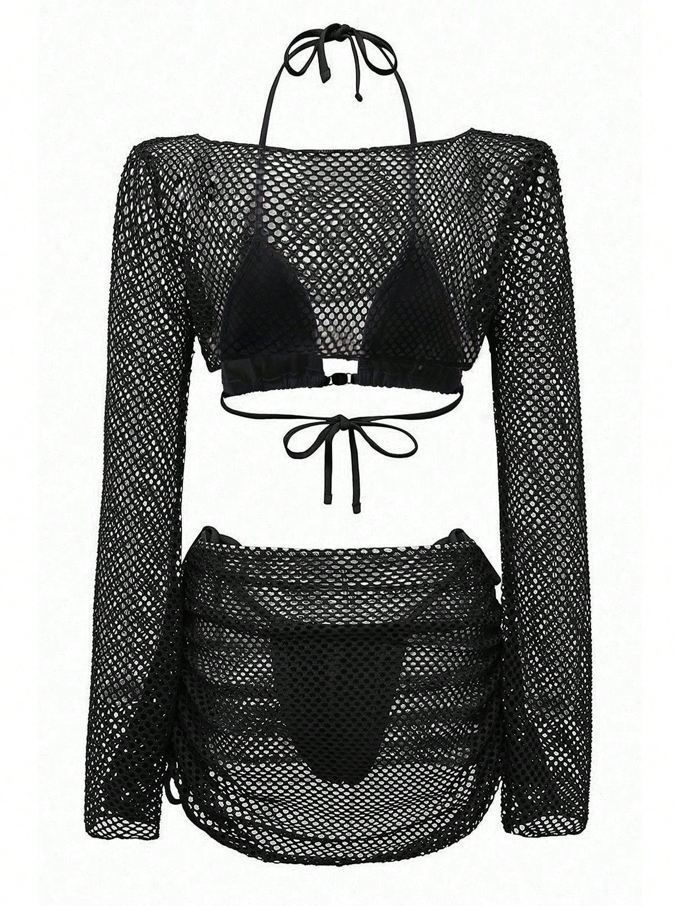 Swim SXY 4pcs Women's Mesh Bikini Set With Cover Up,Elegant Black