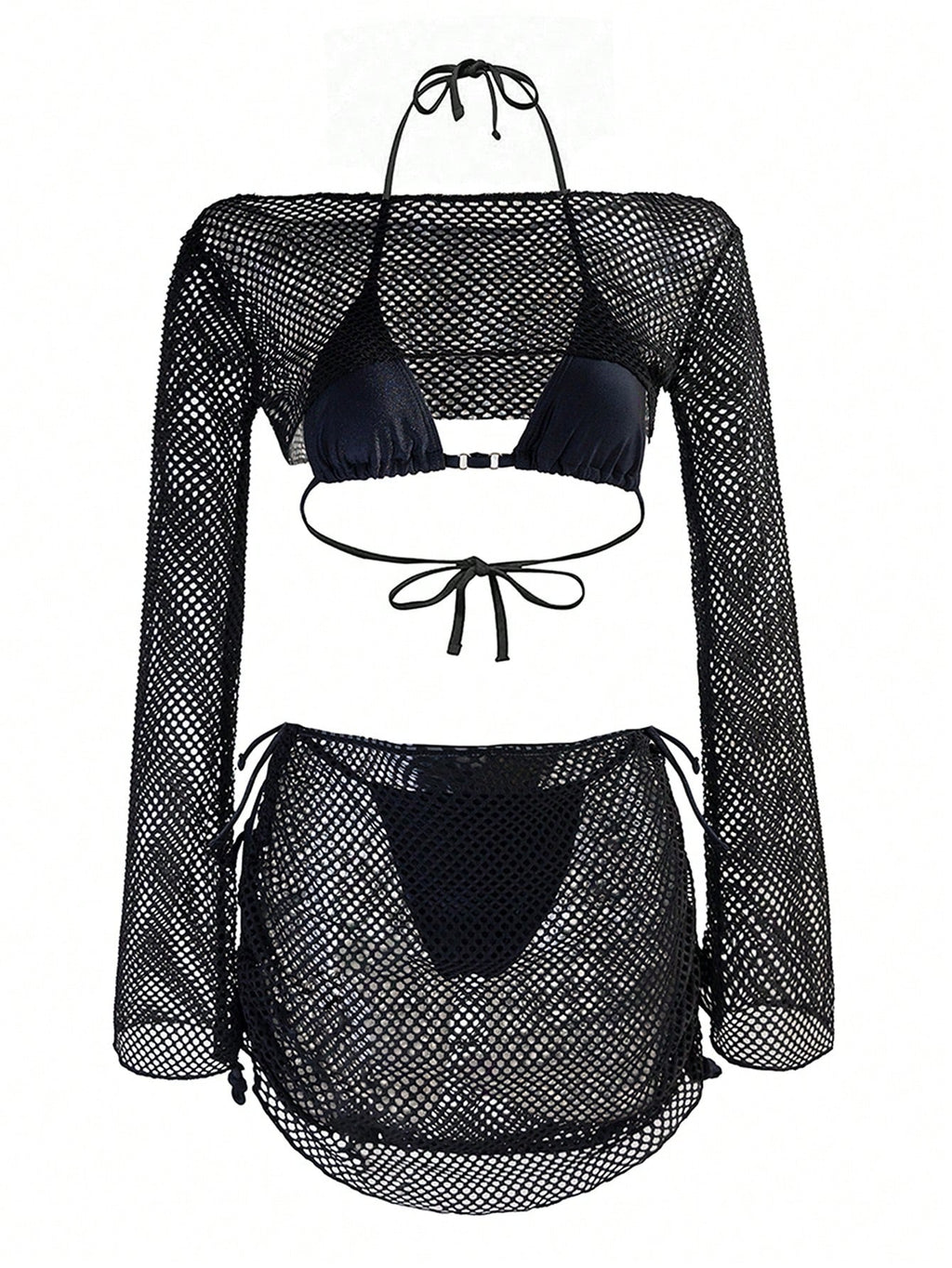 Swim SXY 4pcs Women's Mesh Bikini Set With Cover Up,Elegant Black