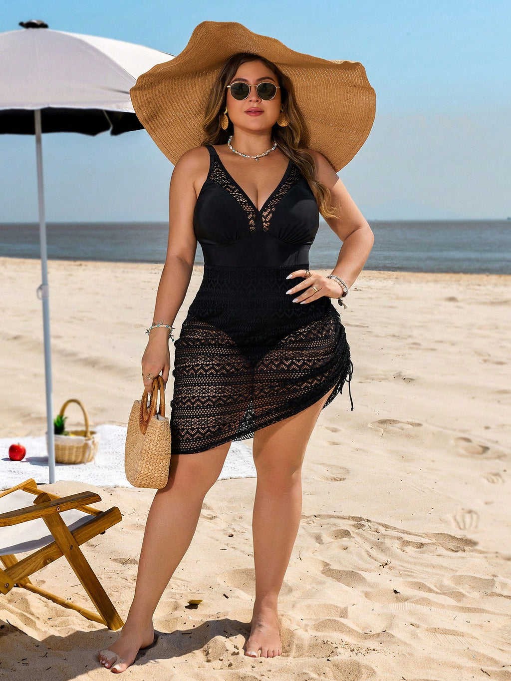 Swim Lushoire Plus Size Butter Yellow Jacquard Knit Patchwork V-Neck Tankini Swimsuit Skirt With Tunnel - image 4