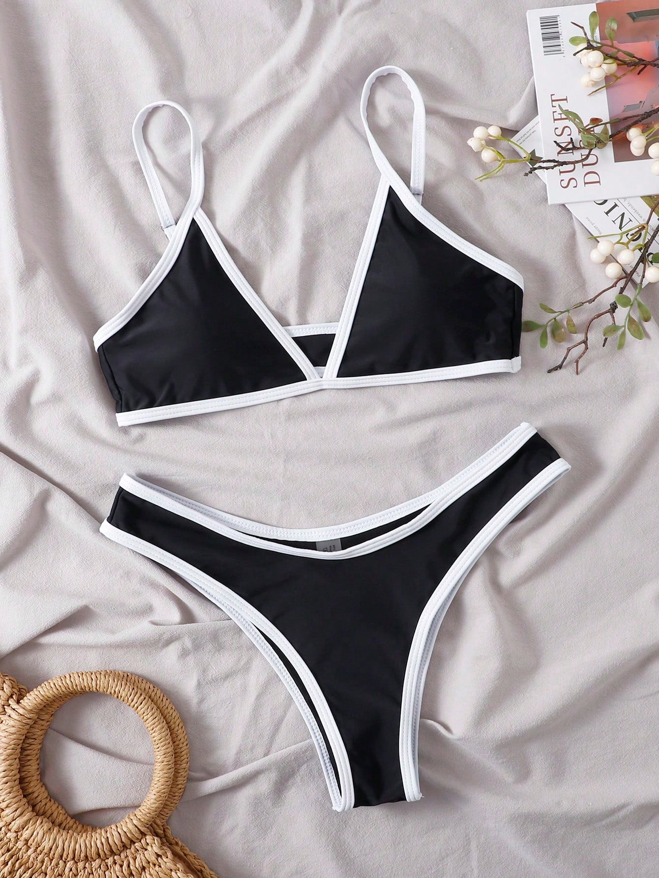 Swim SXY Summer Beach Binding Trim Bikini Set Triangle Bra & High Cut