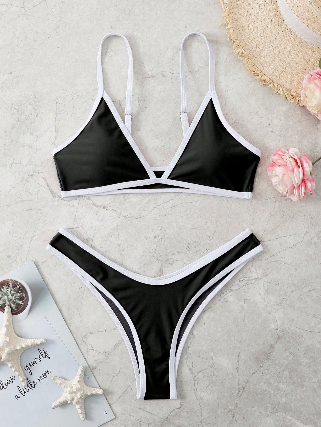 Swim SXY Summer Beach Binding Trim Bikini Set Triangle Bra & High Cut