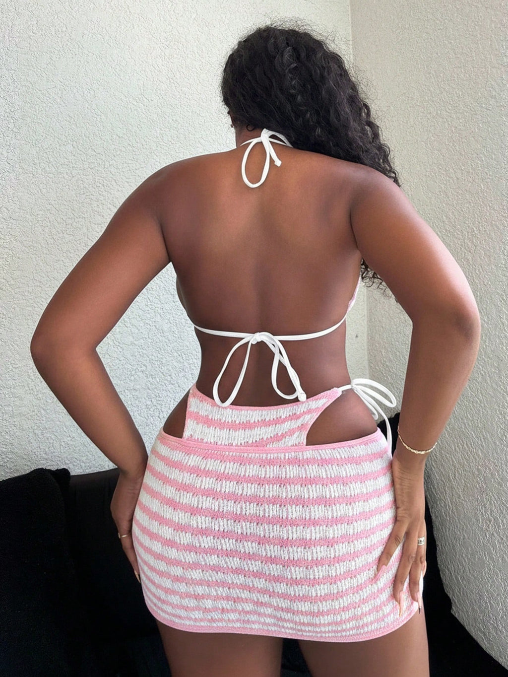 Alexandranx 3pcs/Set Women Textured Fabric Striped Black & White Contrast Shoulder Strap Backless Top And Tie - image 8