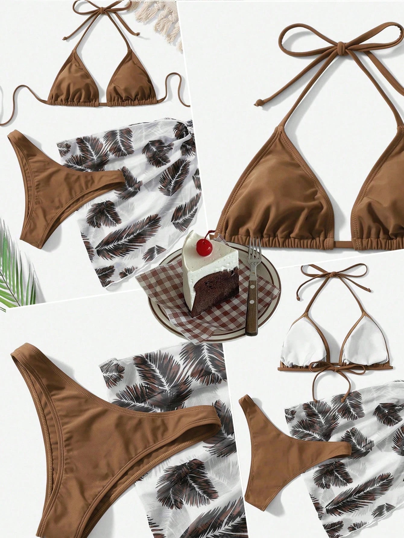 Swim Vcay Summer Beach Leaf Print Bikini Set Halter Triangle Bra &