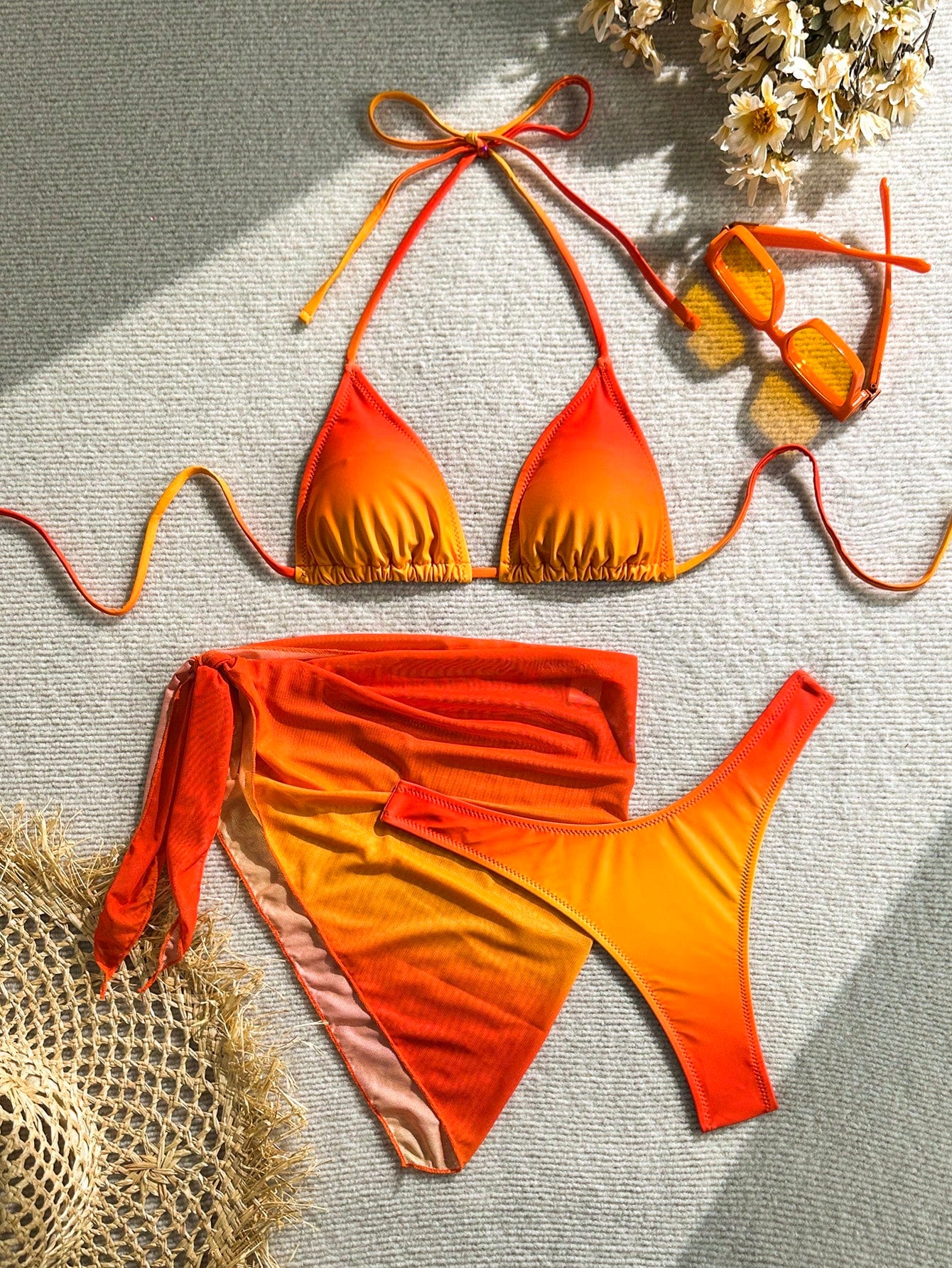 LUCKY HOLIDAY 3pcs Sexy Mesh Dress Bikini Set, Summer Vacation Beach