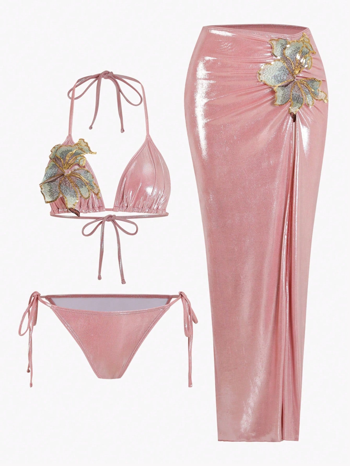 Swim Oasis 3pcs/Set Pink Glittery Summer 70s Retro Holiday Party High-End Shiny