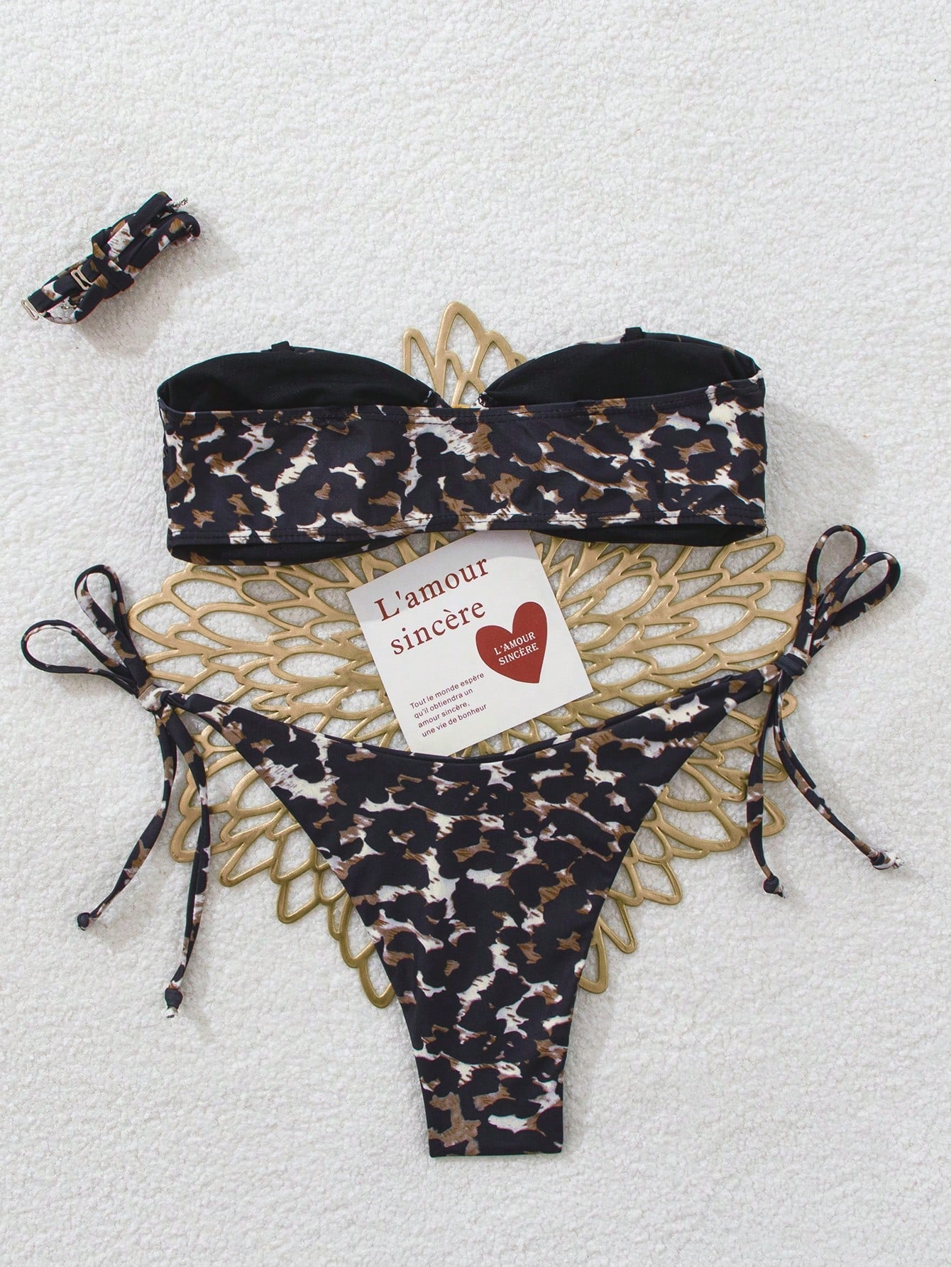 Leopard Print Gold Hoop Spaghetti Strap Bandeau Top And Tie Waist Bikini Set Vacation Beach Summer - image 5