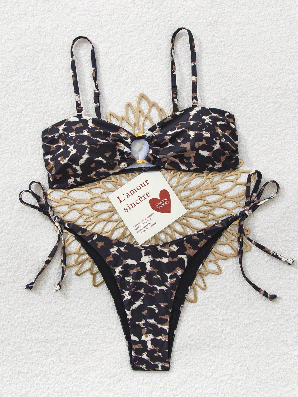 Leopard Print Gold Hoop Spaghetti Strap Bandeau Top And Tie Waist Bikini Set Vacation Beach Summer - image 3