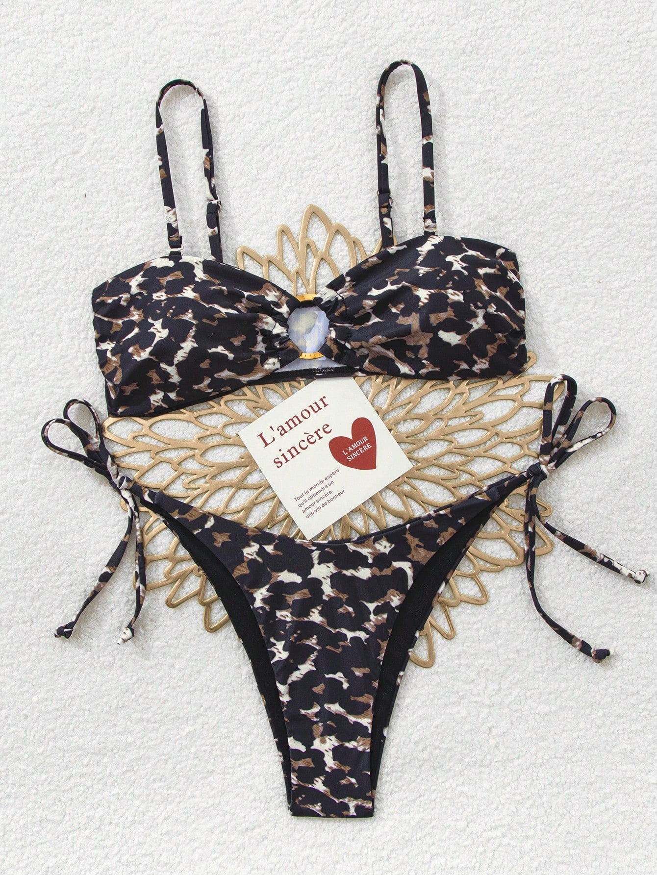 Leopard Print Gold Hoop Spaghetti Strap Bandeau Top And Tie Waist Bikini Set Vacation Beach Summer - image 3