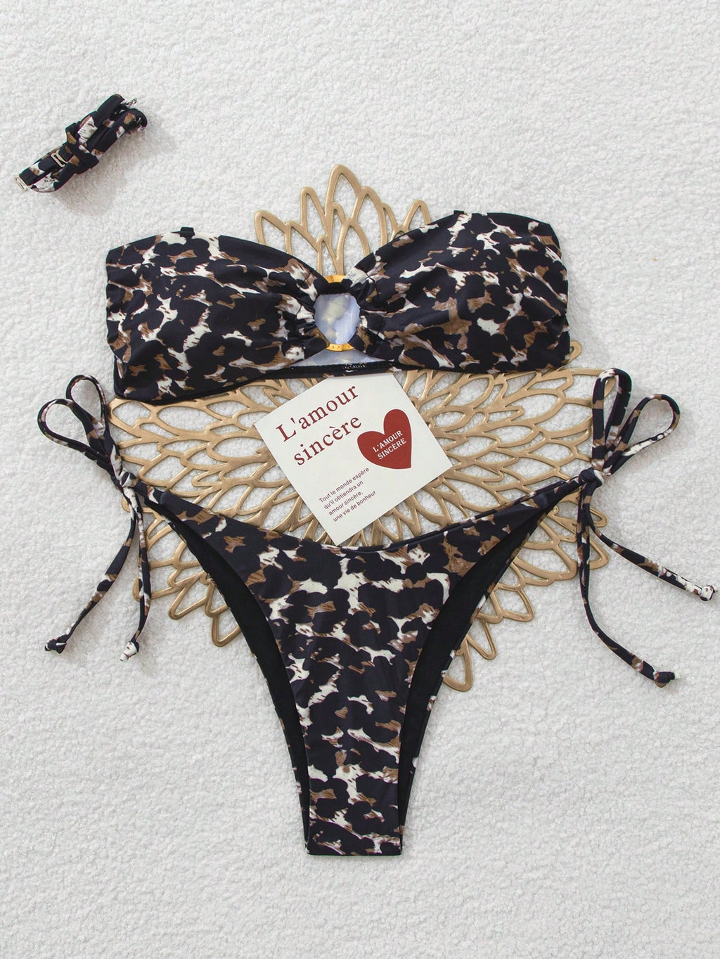 Leopard Print Gold Hoop Spaghetti Strap Bandeau Top And Tie Waist Bikini Set Vacation Beach Summer - image 4