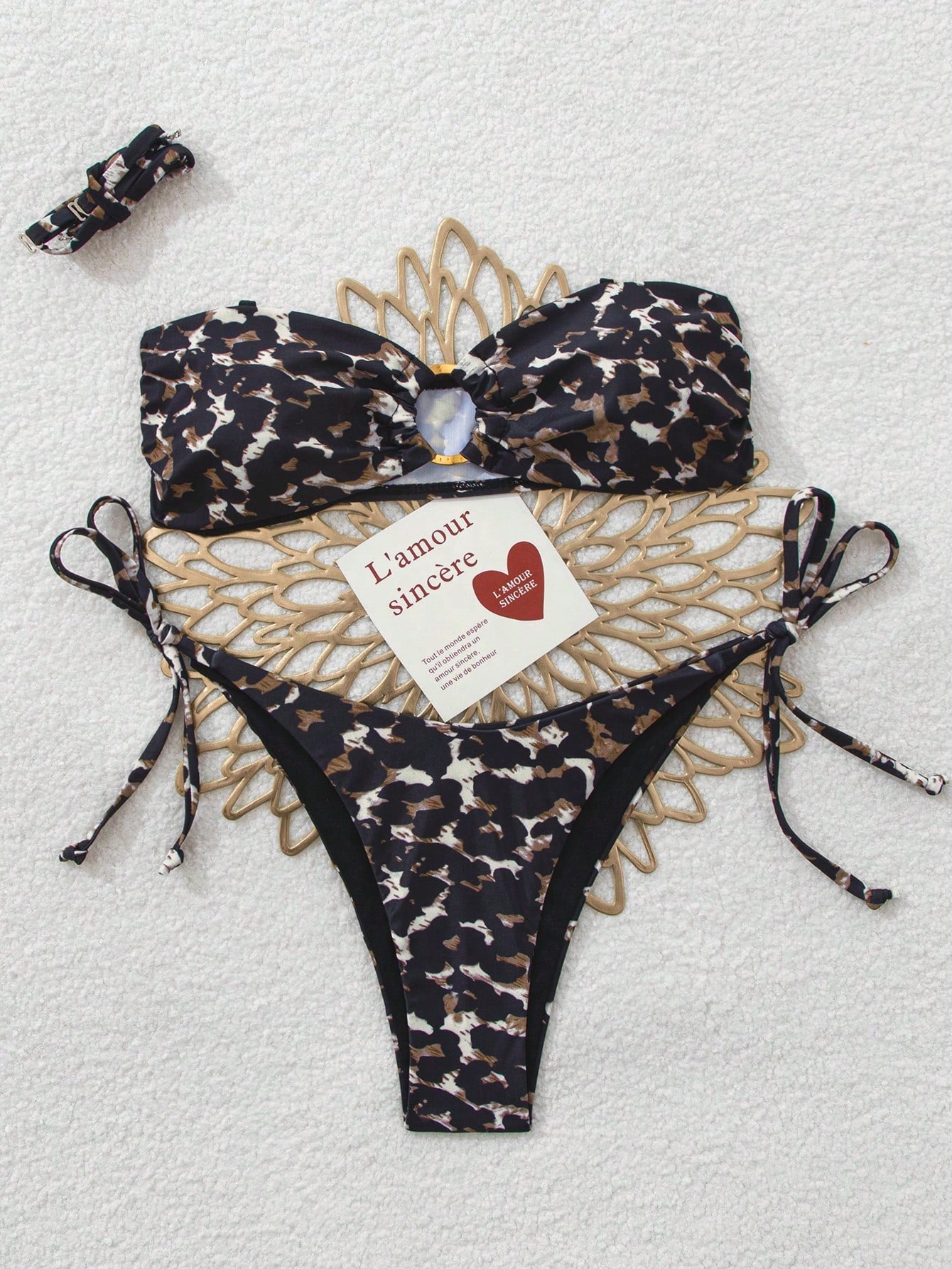 Leopard Print Gold Hoop Spaghetti Strap Bandeau Top And Tie Waist Bikini Set Vacation Beach Summer - image 4