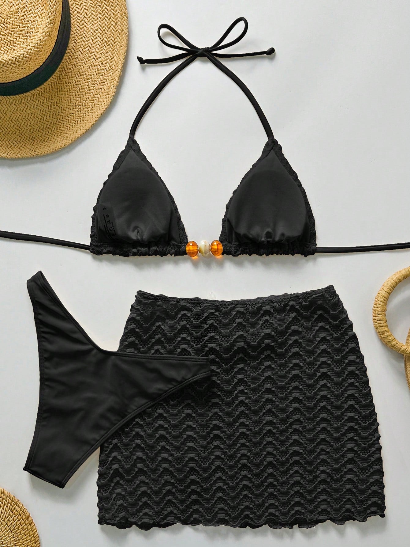 Bikinx 3pcs Women's Summer Wavy Backless Bikini Set, Including Beaded