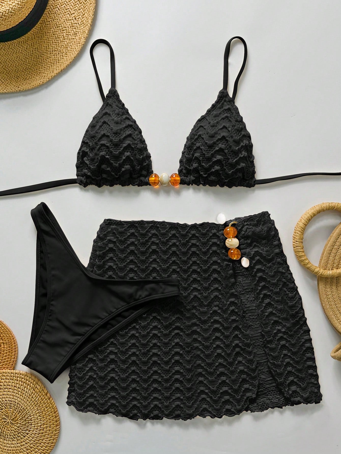 Bikinx 3pcs Women's Summer Wavy Backless Bikini Set, Including Beaded