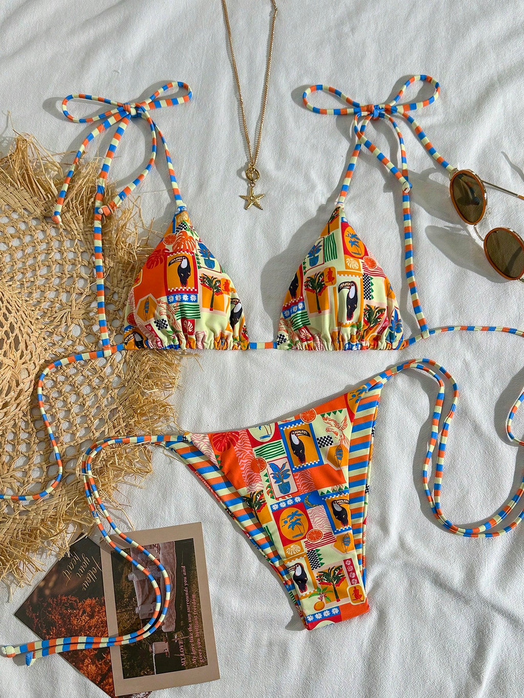 2pcs/Set Women's Cute Random Floral Reversible Camisole Swim Top And