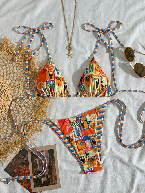 2pcs/Set Women's Cute Random Floral Reversible Camisole Swim Top And