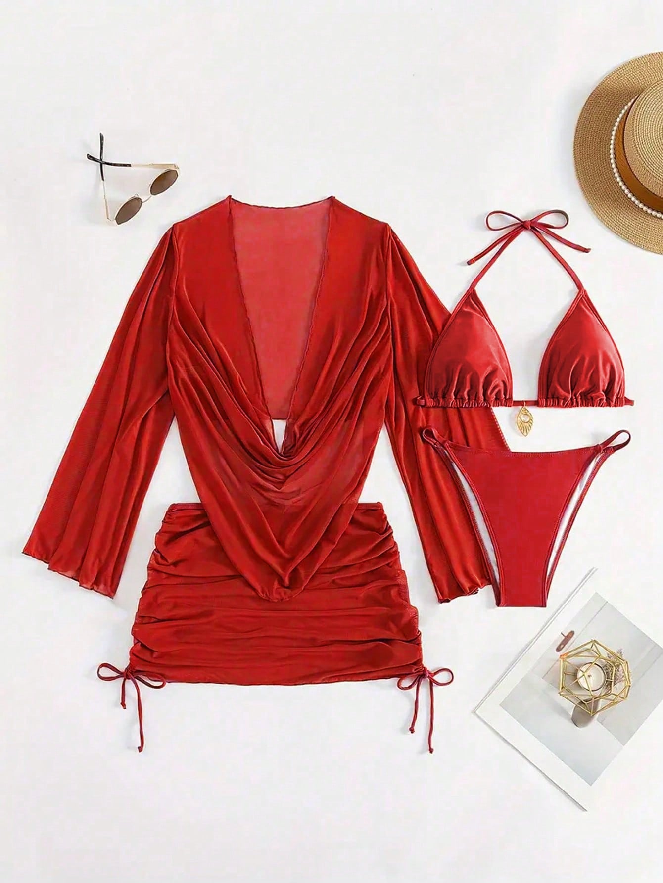 4pcs Sexy Solid Color Bikini Set With Sheer Cover-Up, Suitable For Vacation, Bea