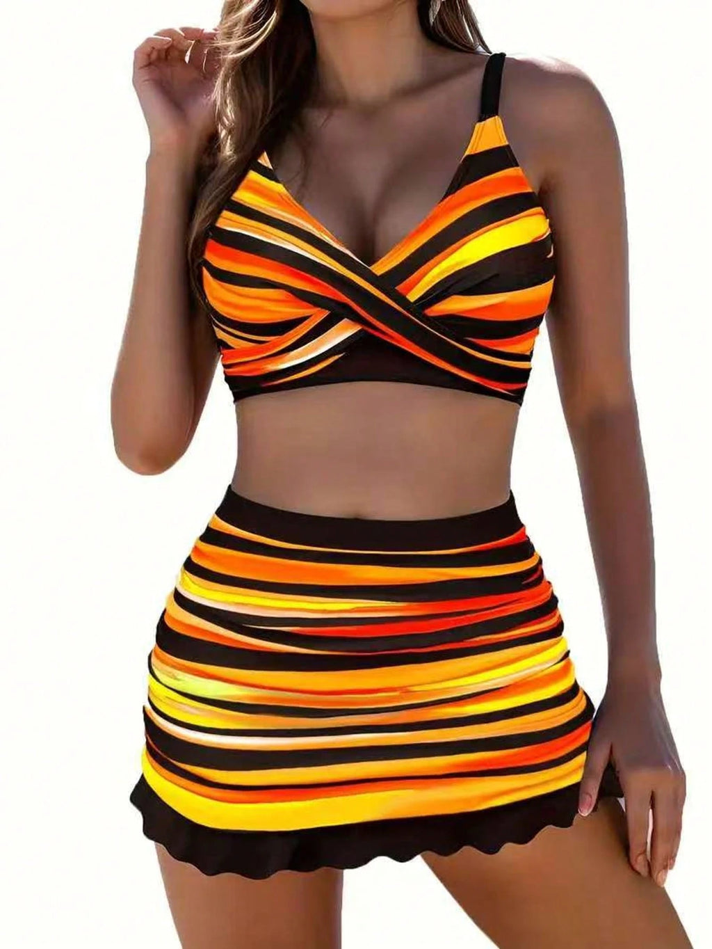 3pcs Striped Bikini Set: Criss-Cross Strap Top, High-Waisted Bottoms,
