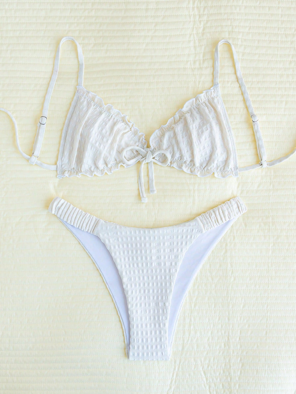 Swim Mod Embroidered Mesh Fabric Thin Frill Edge Pleated Front Tie