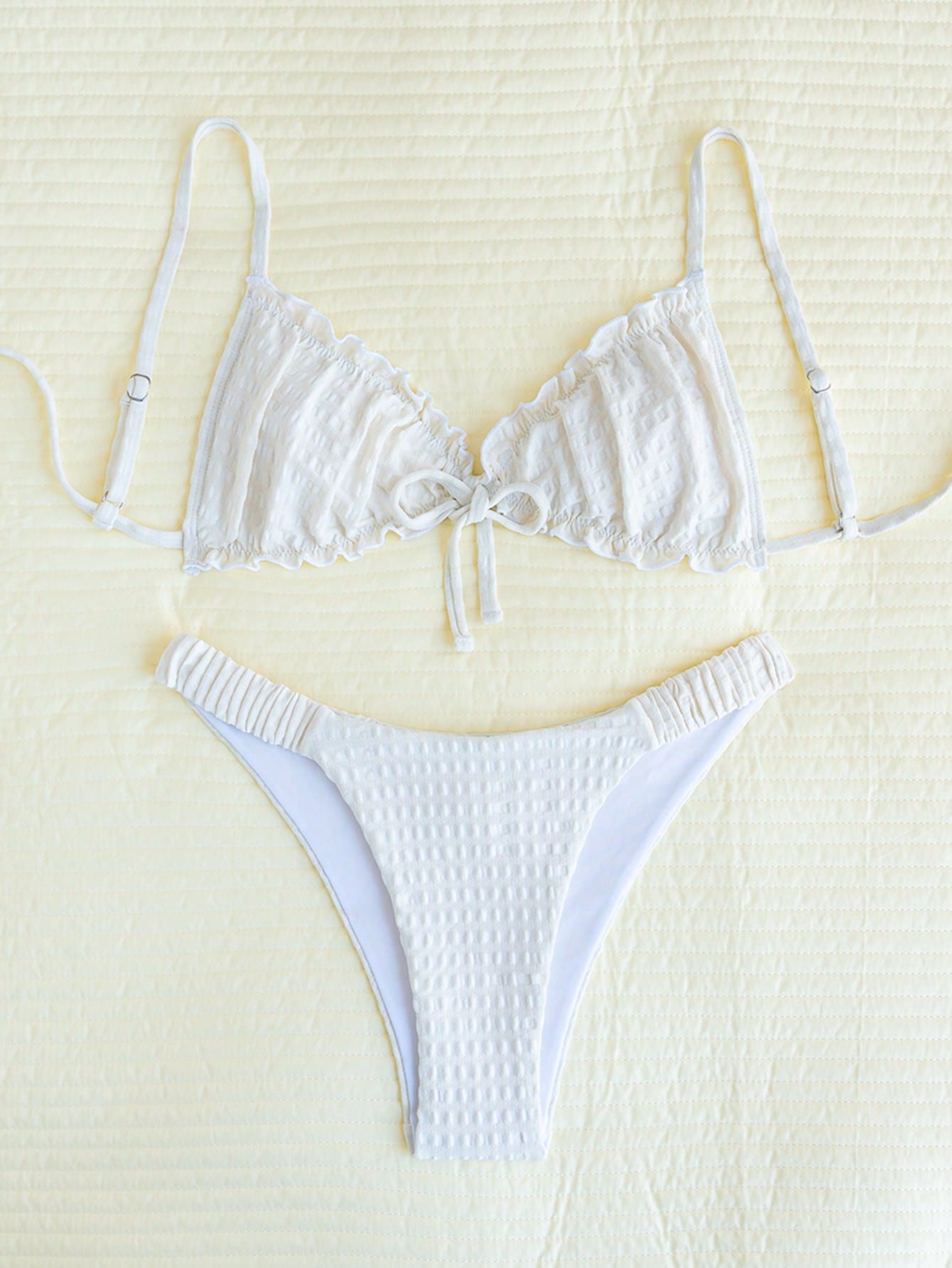 Swim Mod Embroidered Mesh Fabric Thin Frill Edge Pleated Front Tie