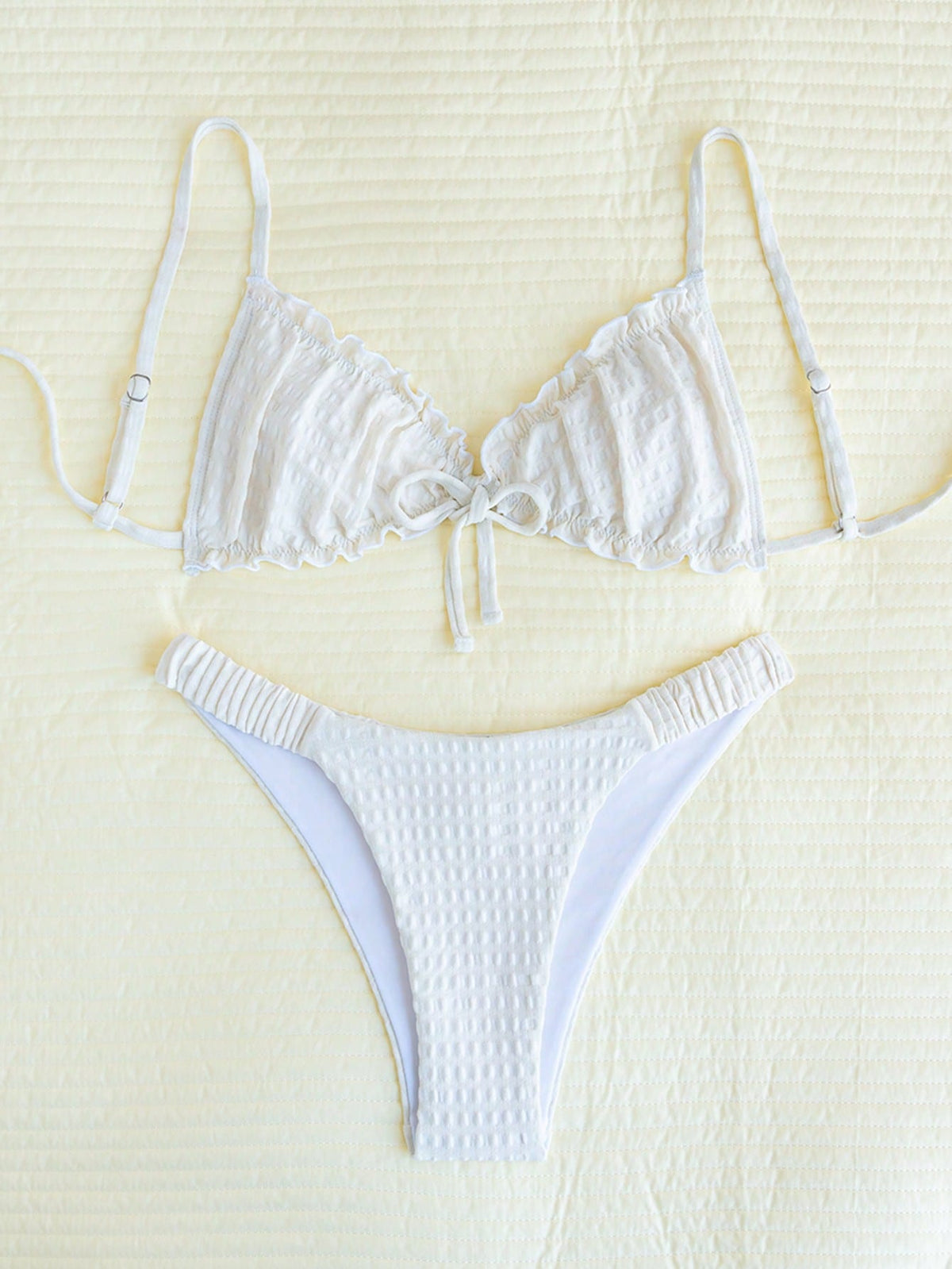 Swim Mod Embroidered Mesh Fabric Thin Frill Edge Pleated Front Tie Bow Waist Cute Sweet Fashionable Lively - image 13