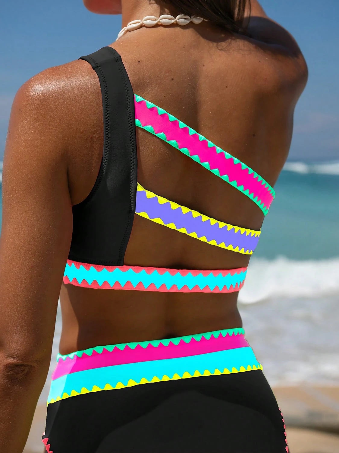 popvil Women's Colorblock One-Shoulder Bikini Set, Suitable For