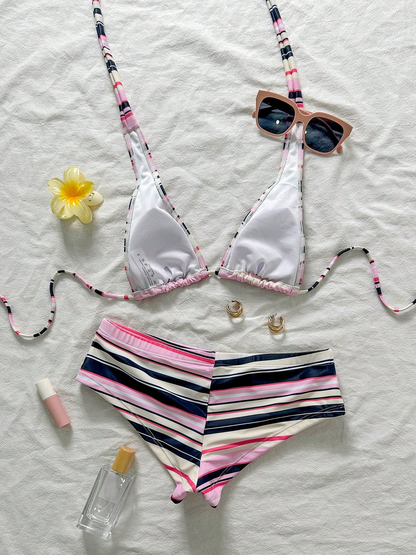 New Sexy Striped Print Backless Bow Bikini Set, Summer Beach