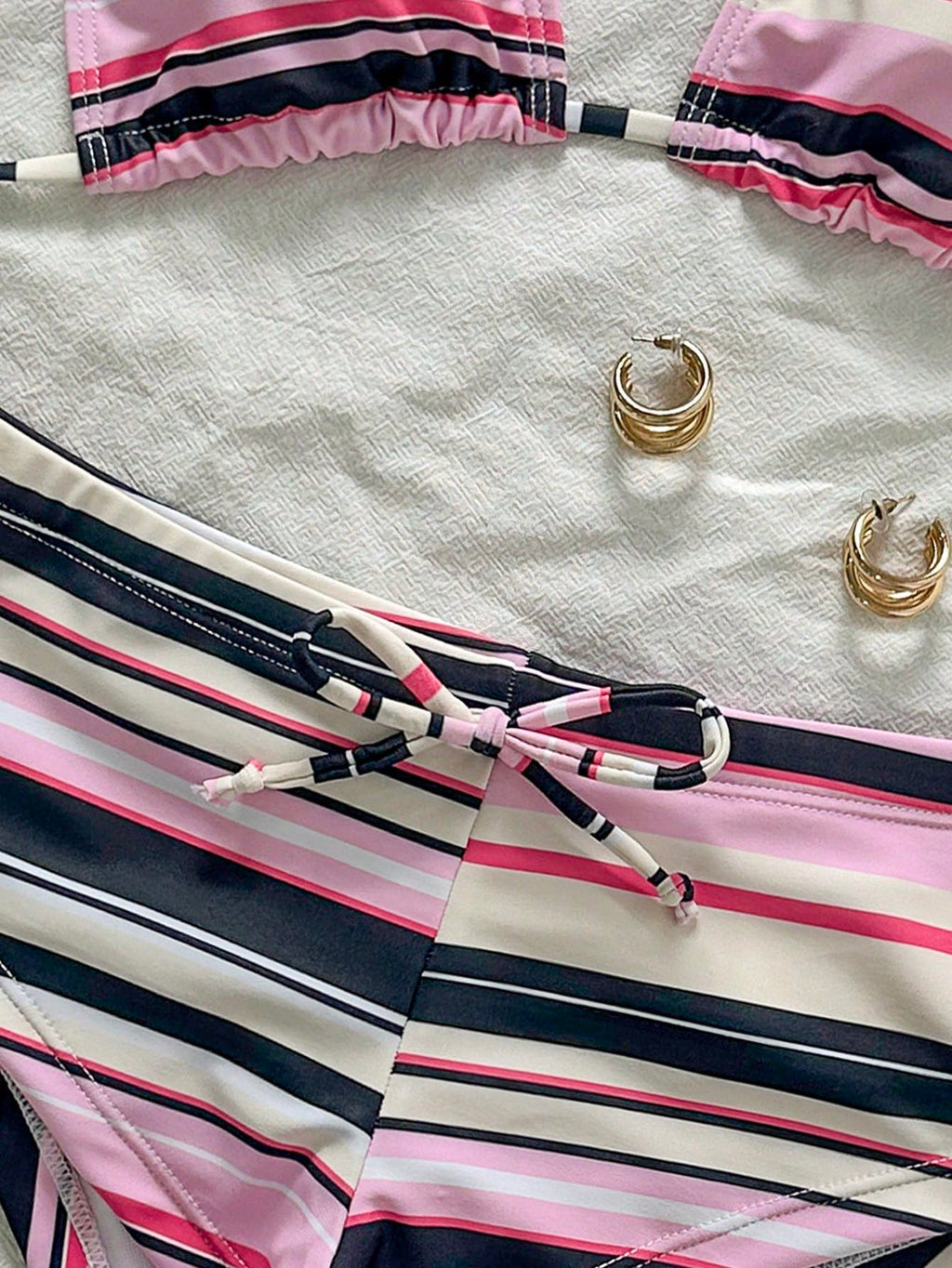 New Sexy Striped Print Backless Bow Bikini Set, Summer Beach