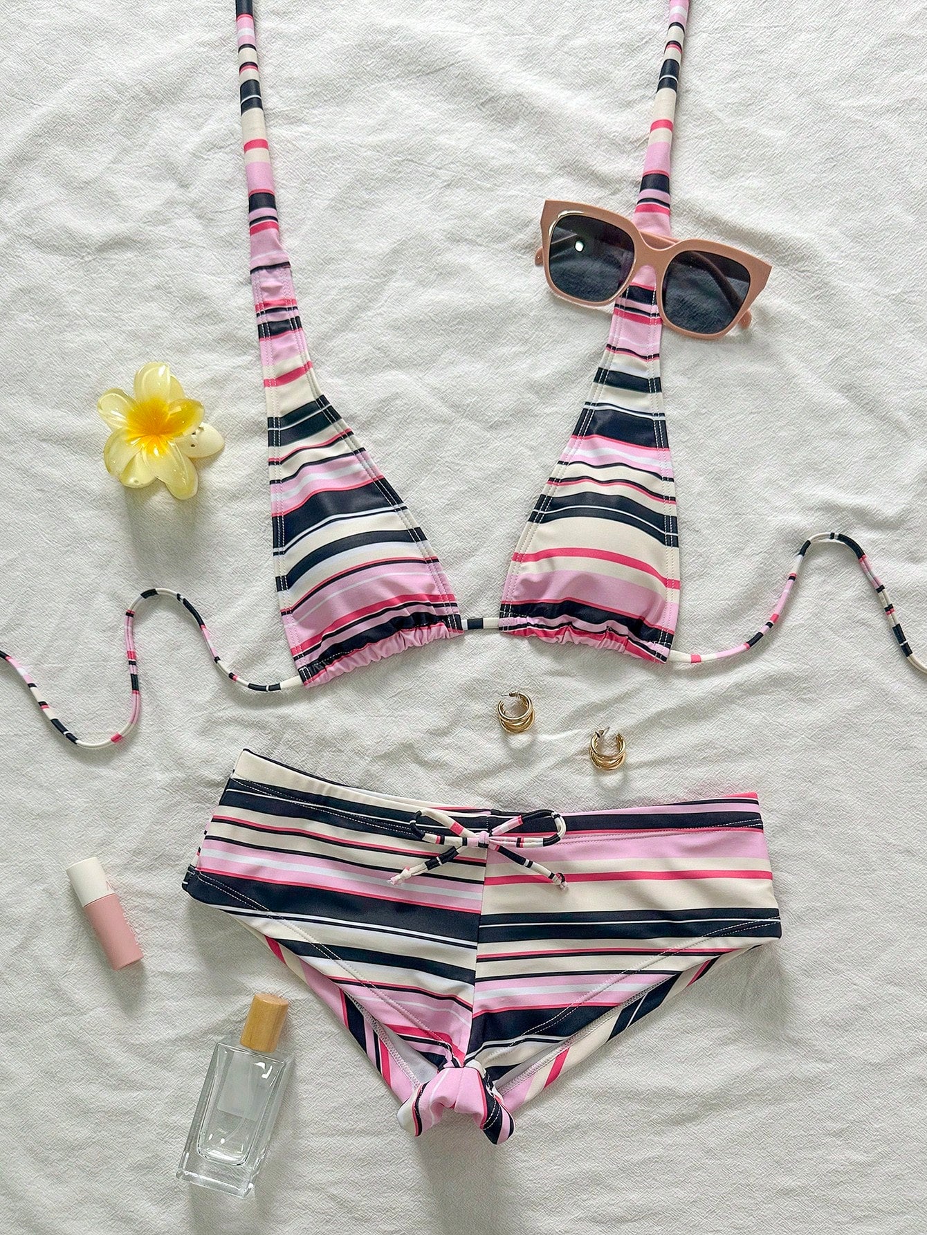 New Sexy Striped Print Backless Bow Bikini Set, Summer Beach