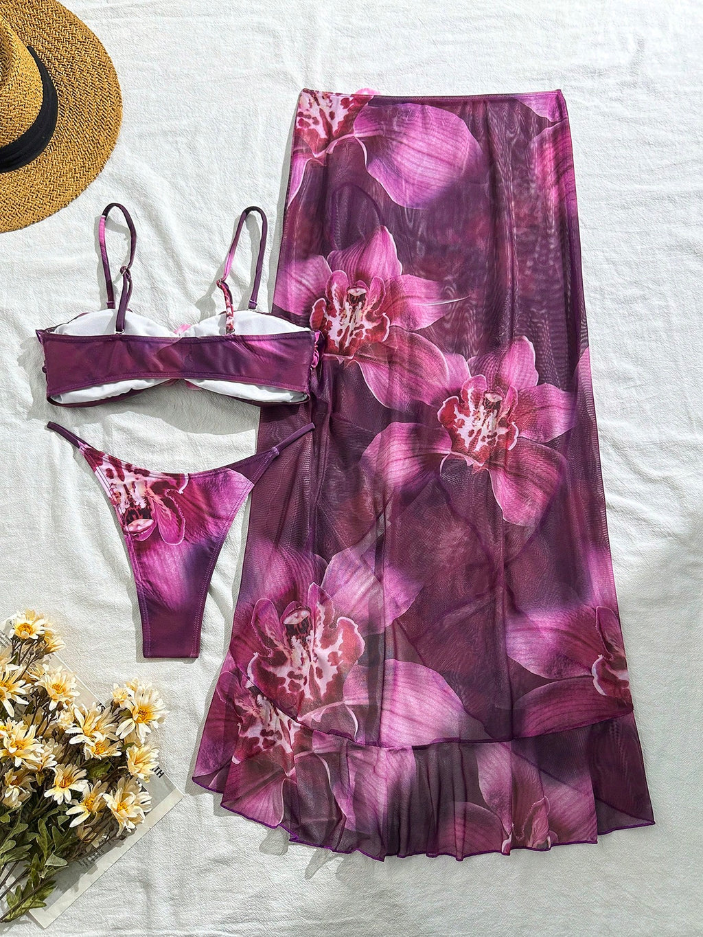 3pcs Women's Floral Print Elegant Sexy Backless 3D Flower Beach Dress