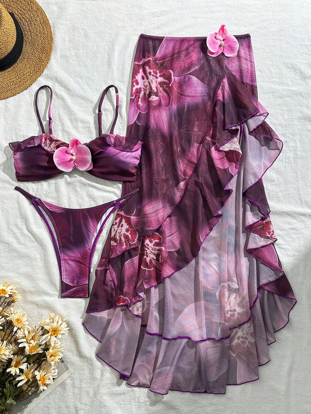 3pcs Women's Floral Print Elegant Sexy Backless 3D Flower Beach Dress