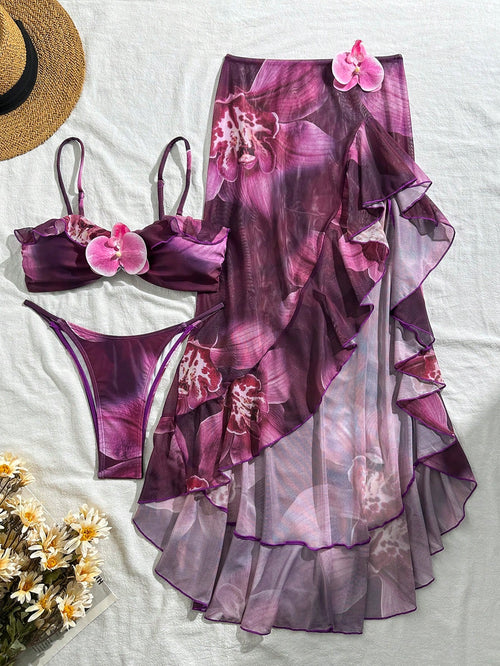 3pcs Women's Floral Print Elegant Sexy Backless 3D Flower Beach Dress