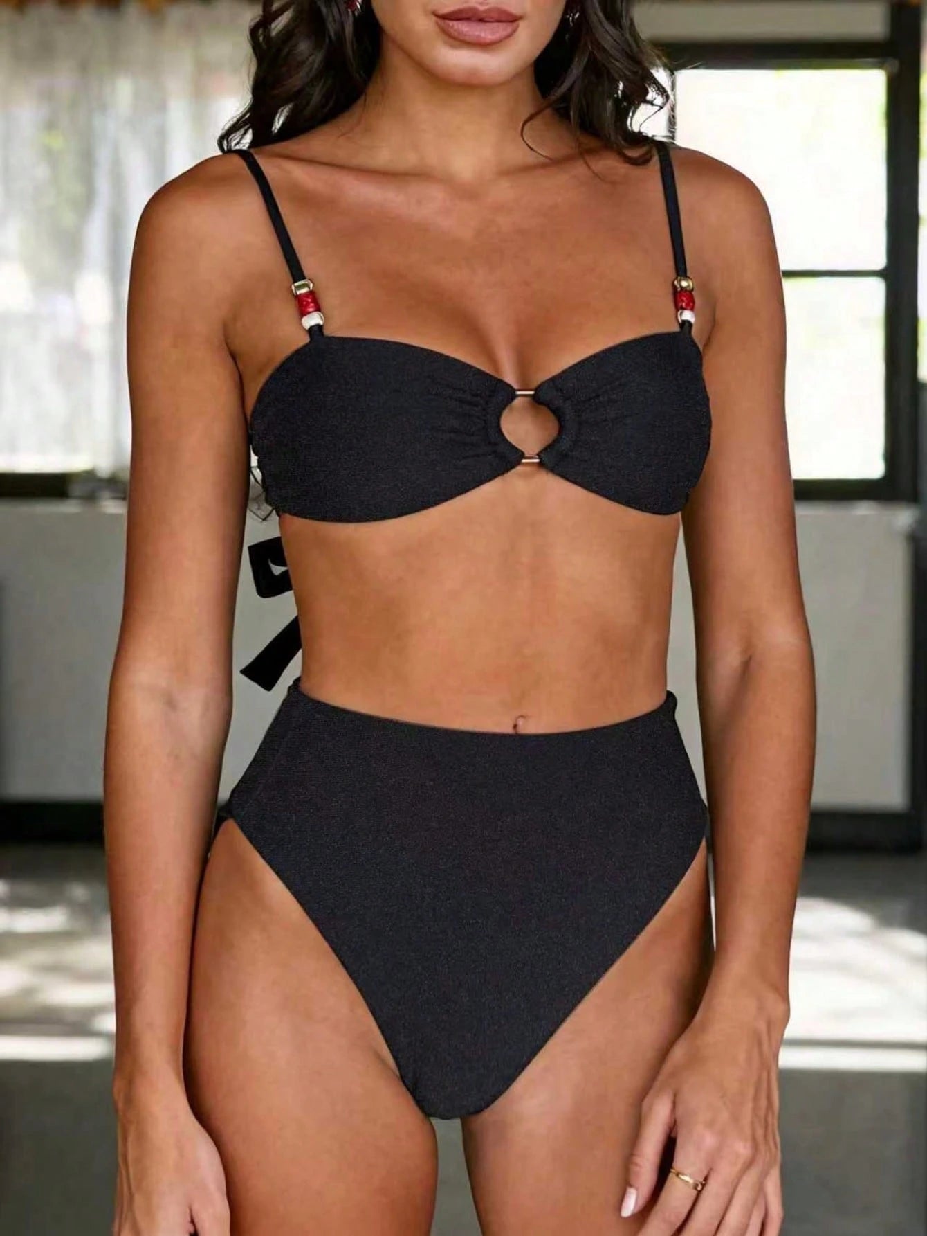 2pcs Solid Color Backless Beaded Bikini, Summer Vacation Beach Wear - image 5