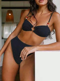 2pcs Solid Color Backless Beaded Bikini, Summer Vacation Beach Wear