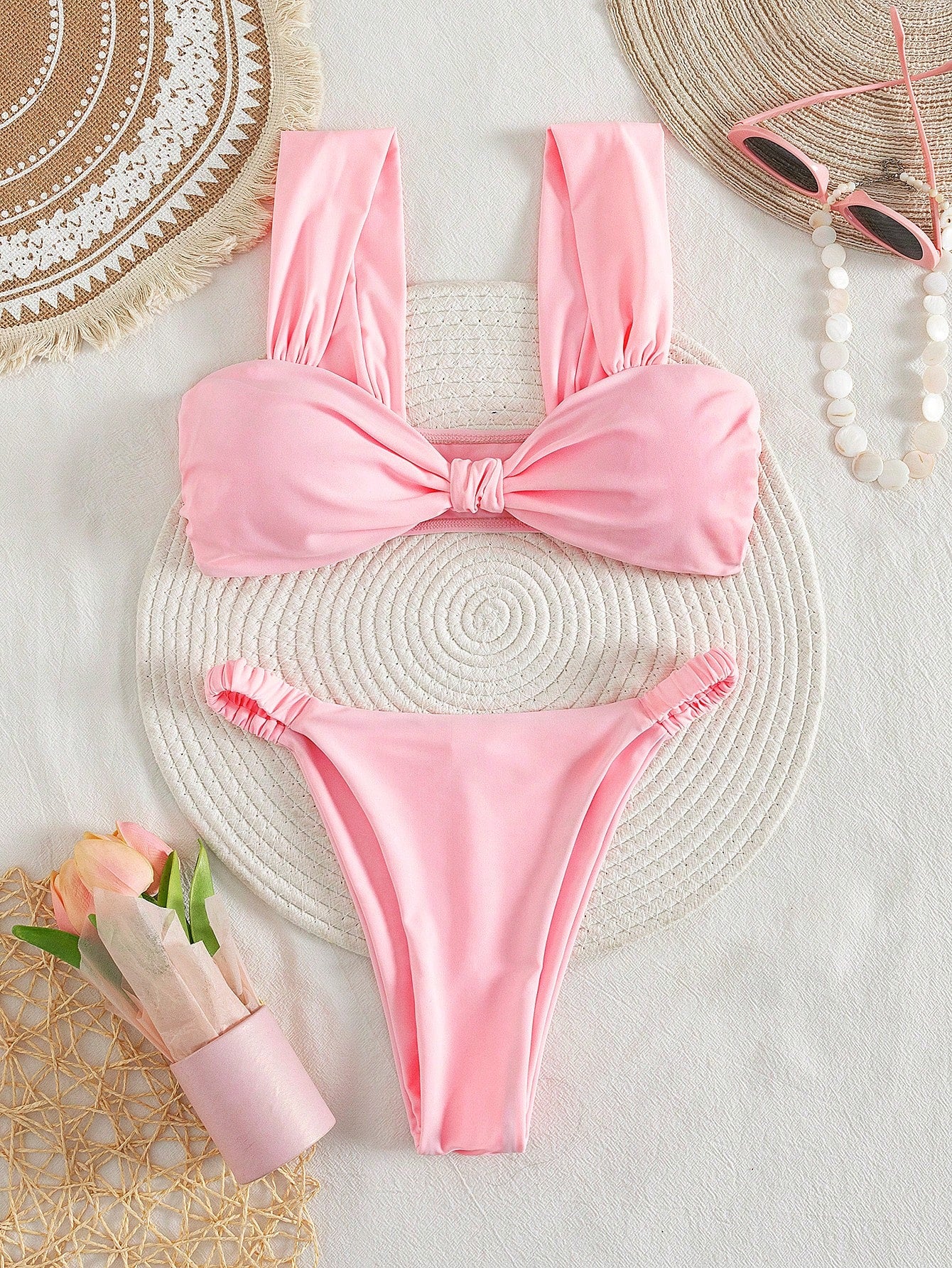 PEPPERMOLLY New Solid Color Soft Padded Thick Strap Ruched Sexy