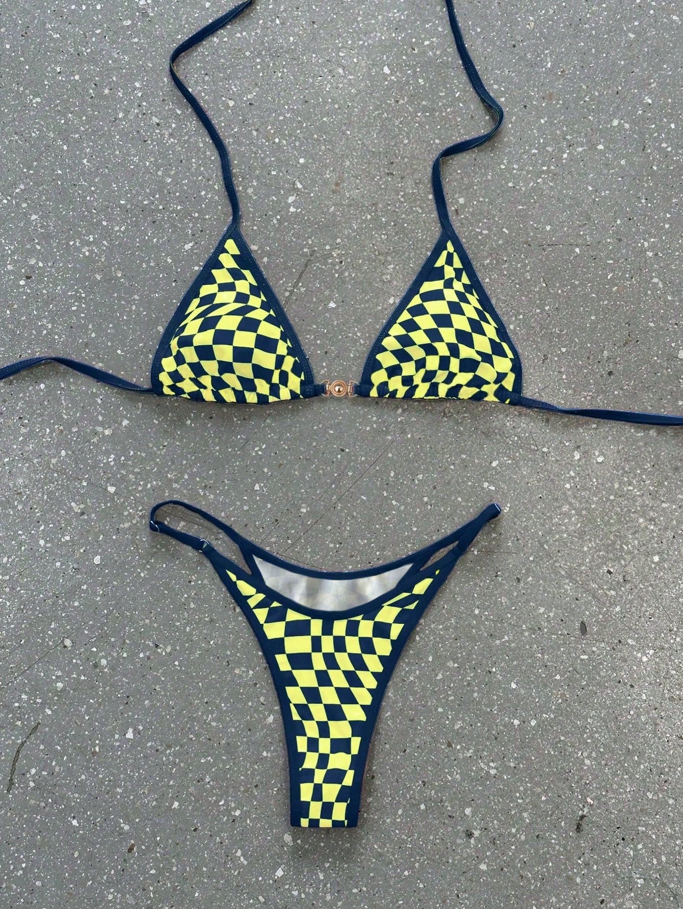 Women's Fashionable Sexy Spaghetti Strap Swimwear Set, Plaid Print Bikini, Elega