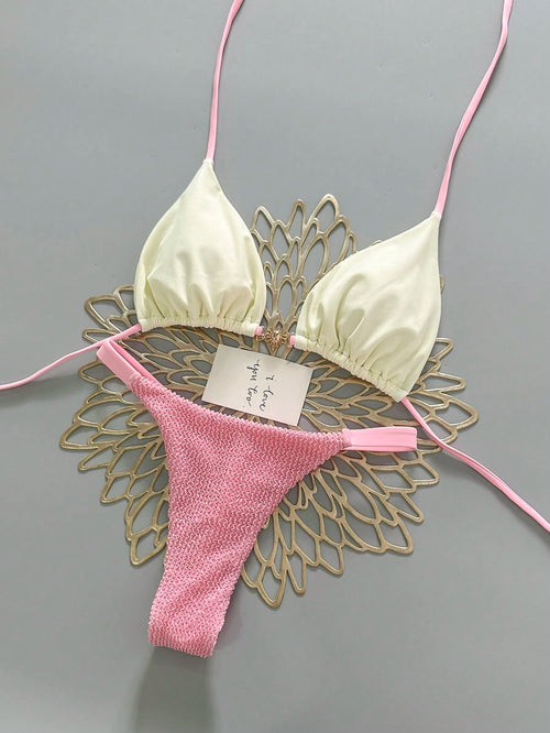 2pcs Casual Elegant Sexy Bohemian Floral Tie-Up Braided Bikini