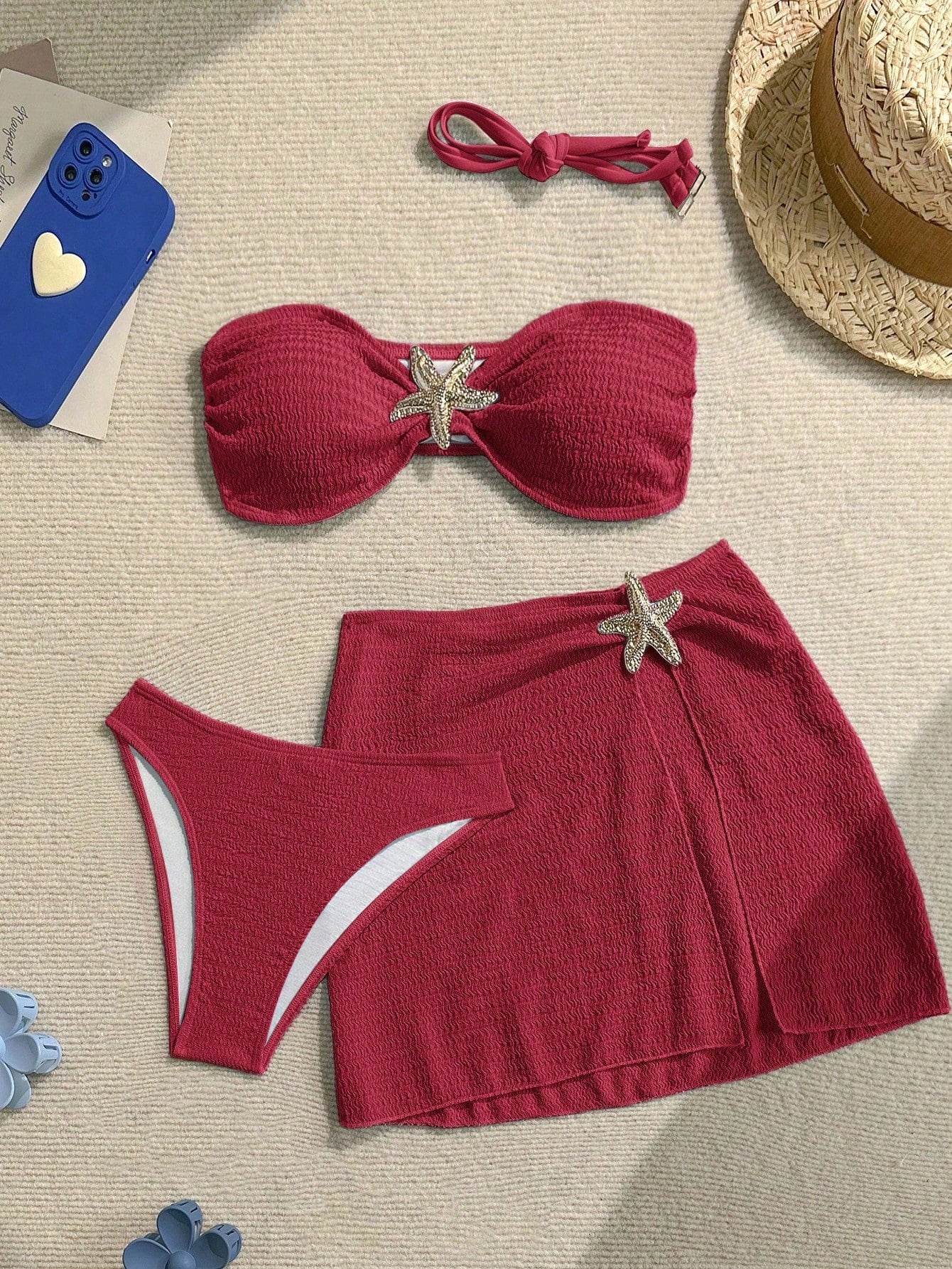 Soleia Women's Cute Dusky Blue Summer Beach Vacation Holiday 3-Piece Bikini Set
