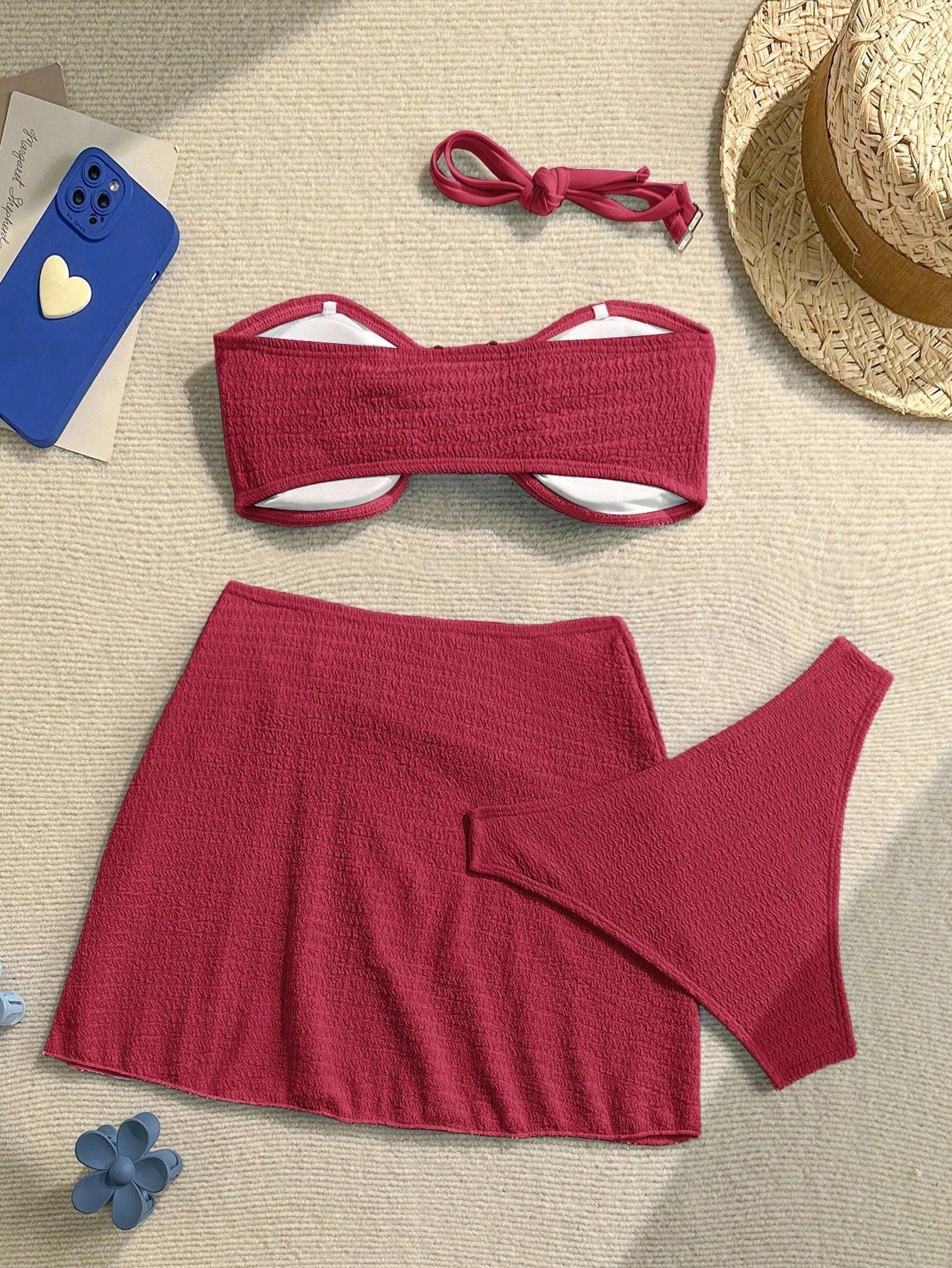 Soleia Women's Cute Dusky Blue Summer Beach Vacation Holiday 3-Piece Bikini Set