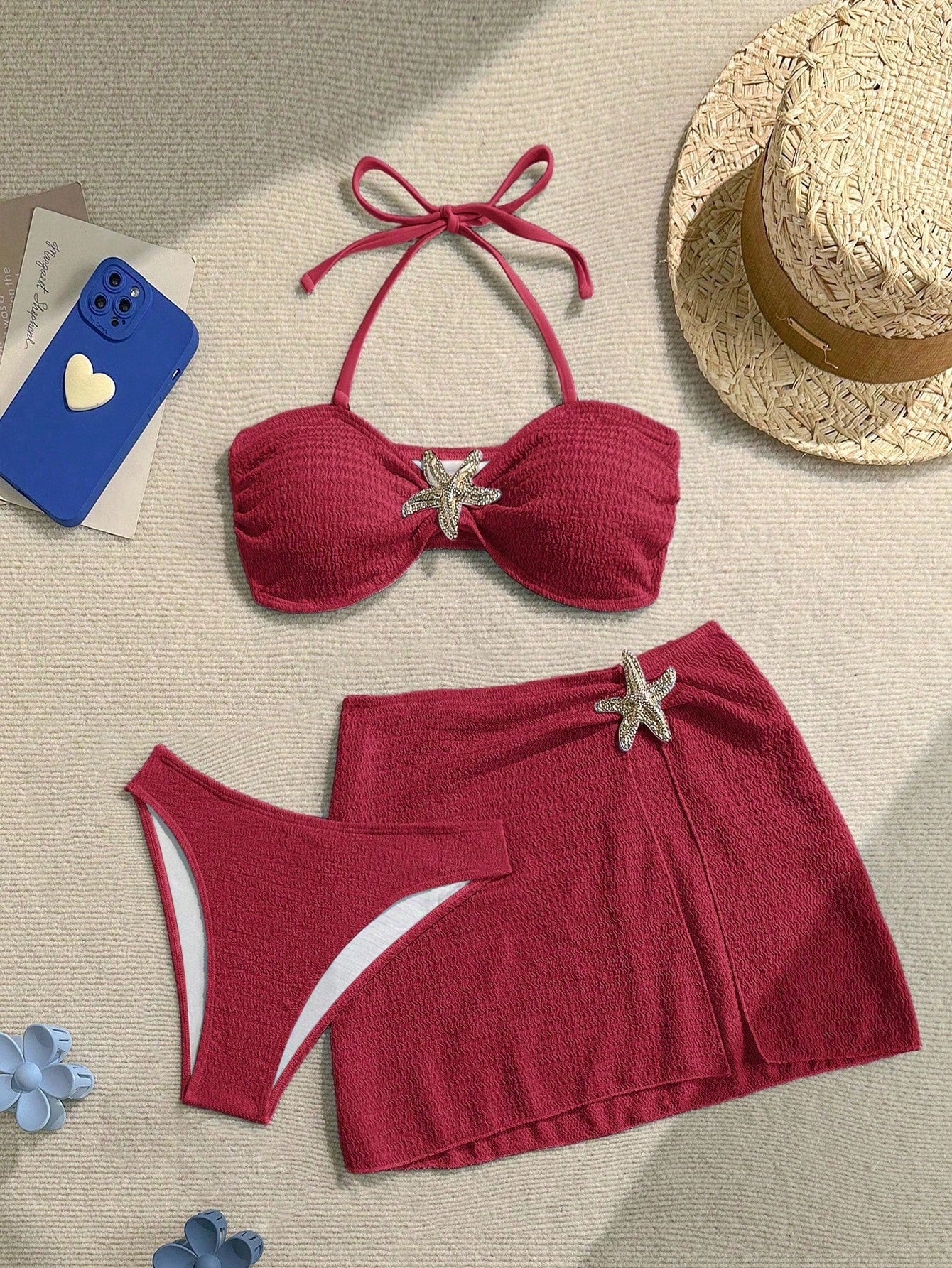 Soleia Women's Cute Dusky Blue Summer Beach Vacation Holiday 3-Piece Bikini Set
